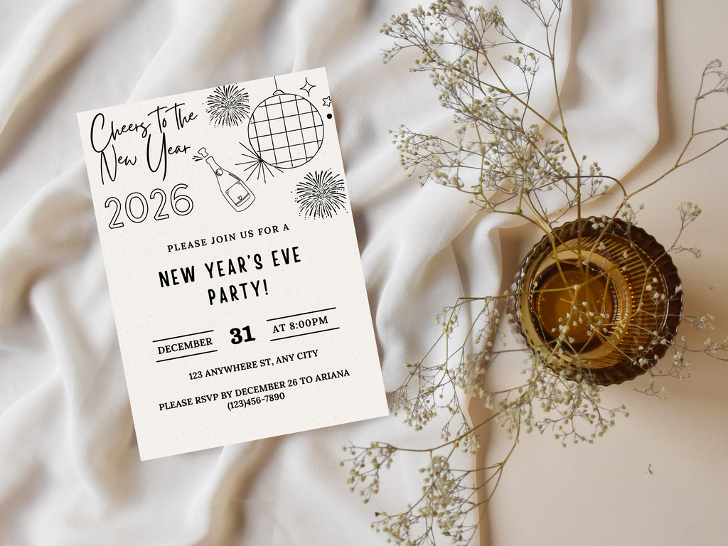 Minimalist hand-drawn doodle New Year’s Eve invitation, editable Canva digital template for NYE party
Editable doodle NYE digital invitation, simple minimalistic New Year’s Eve party Canva template
Hand-drawn minimal New Year’s Eve invitation, digital NYE party invite editable in Canva
Minimalist doodle New Year’s invitation, black and white hand-drawn NYE digital party template