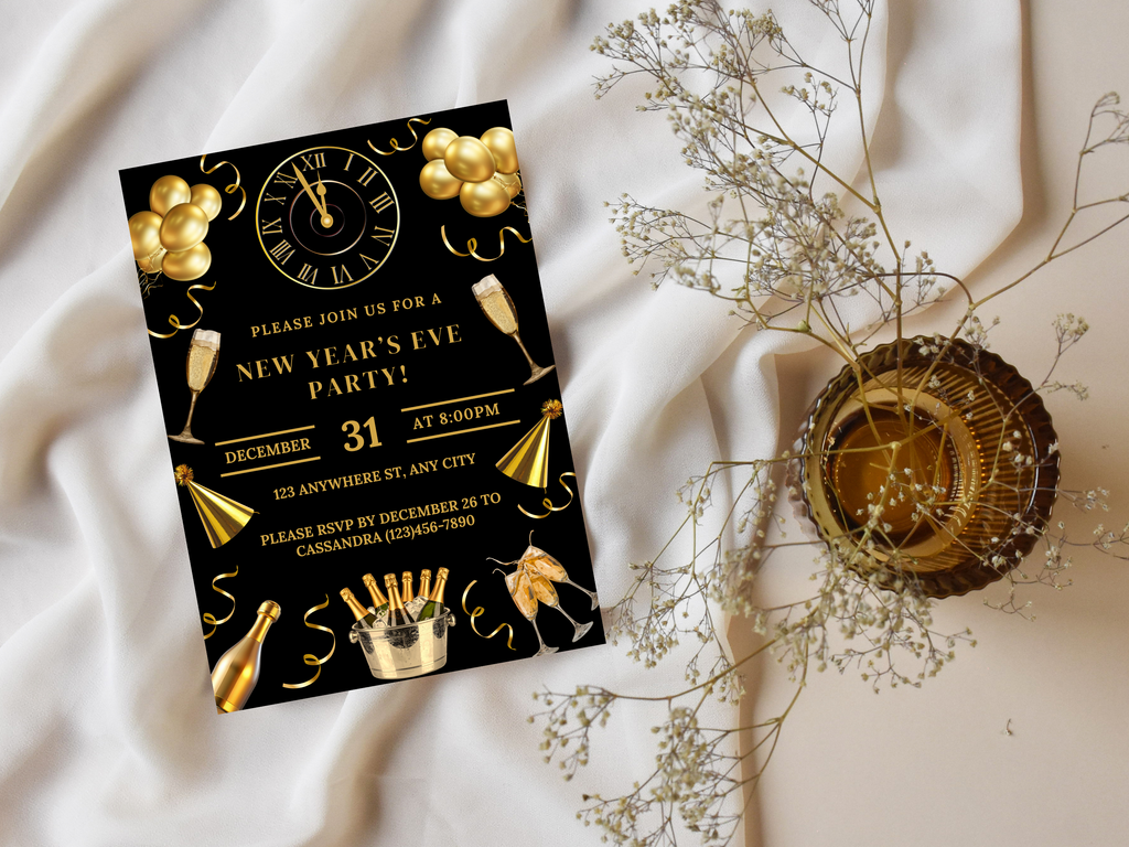 New Year's Eve party invitation card with gold decorations on a white fabric background
Black and gold New Year’s Eve invitation with champagne, party hats, confetti, glasses, and a midnight countdown clock

Editable black and gold NYE invitation featuring champagne, confetti, party hats, glasses, and a clock striking midnight

Black and gold New Year’s Eve party invite with champagne glasses, party hats, confetti, and a midnight countdown clock

Elegant black and gold NYE digital invitation