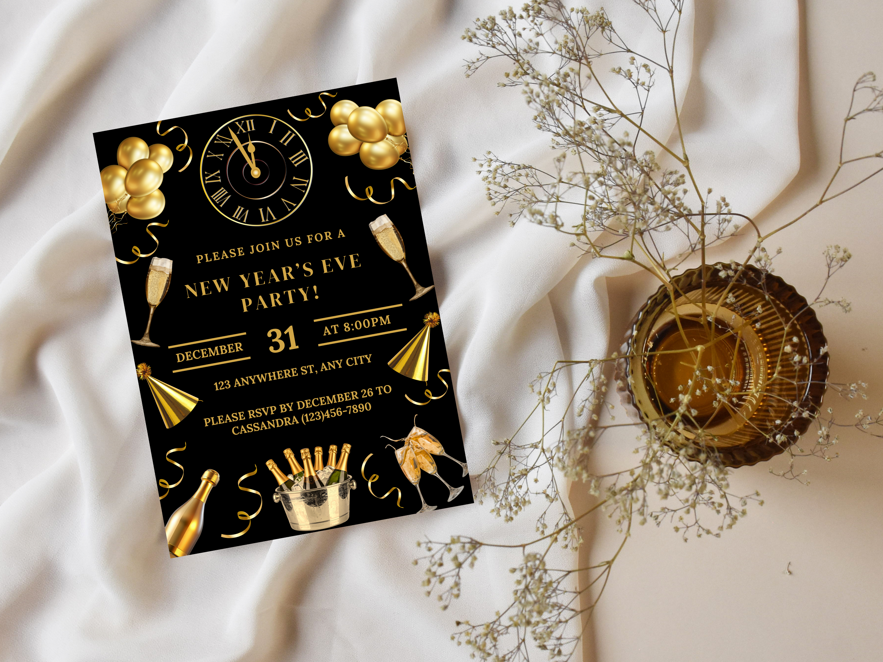 New Year's Eve party invitation card with gold decorations on a white fabric background
Black and gold New Year’s Eve invitation with champagne, party hats, confetti, glasses, and a midnight countdown clock

Editable black and gold NYE invitation featuring champagne, confetti, party hats, glasses, and a clock striking midnight

Black and gold New Year’s Eve party invite with champagne glasses, party hats, confetti, and a midnight countdown clock

Elegant black and gold NYE digital invitation