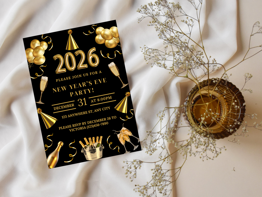 Black and gold party champagne New Year’s Eve invitation, editable digital NYE Countdown to 2026 template

Editable black and gold champagne NYE invite, digital New Year’s Eve party invitation for Countdown to 2026

Party champagne New Year’s Eve invitation in black and gold, Canva editable NYE Countdown to 2026 design

Black and gold champagne themed NYE digital invitation, elegant Countdown to 2026 party template