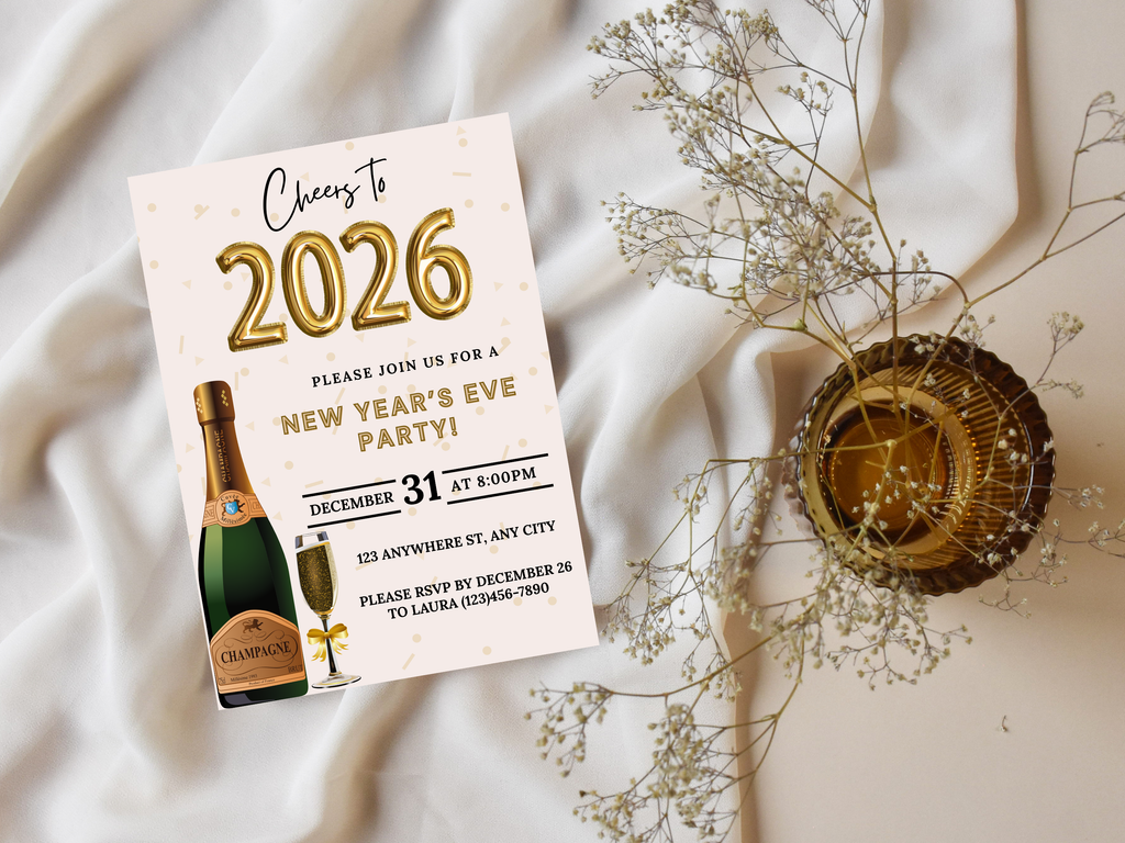 Champagne bottle and glass New Year’s Eve party invitation, editable Canva digital template in black and gold
Editable Champagne bottle NYE invitation with champagne glass, digital New Year’s Eve party template
Black and gold Champagne bottle and glass New Year’s Eve invite
