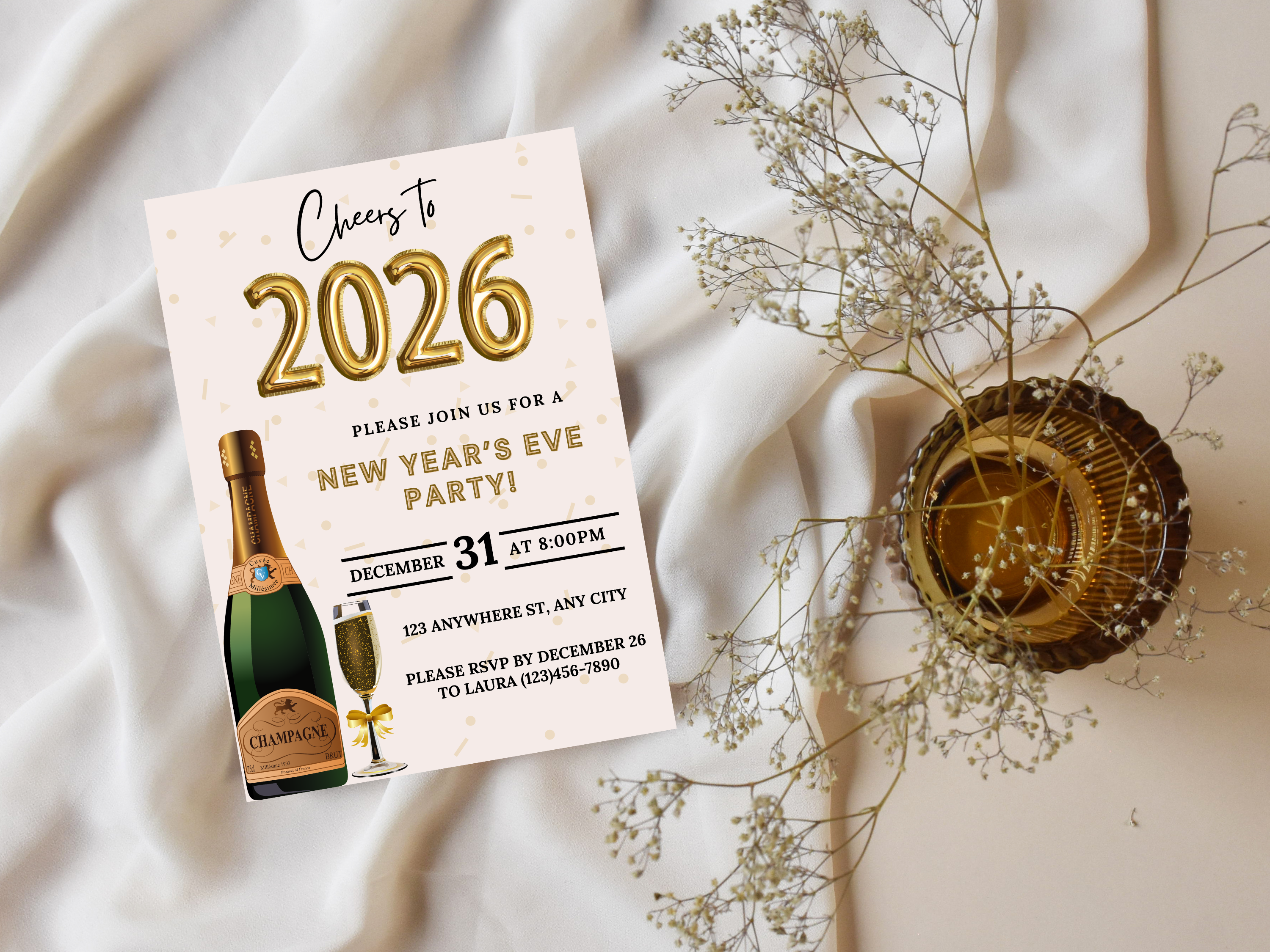 Champagne bottle and glass New Year’s Eve party invitation, editable Canva digital template in black and gold
Editable Champagne bottle NYE invitation with champagne glass, digital New Year’s Eve party template
Black and gold Champagne bottle and glass New Year’s Eve invite