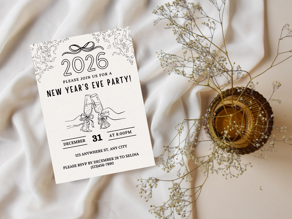 Minimalist hand-drawn doodle New Year’s Eve invitation, editable Canva digital template for NYE party

Editable doodle NYE digital invitation, simple minimalistic New Year’s Eve party Canva template

Hand-drawn minimal New Year’s Eve invitation, digital NYE party invite editable in Canva

Minimalist doodle New Year’s invitation, black and white hand-drawn NYE digital party template