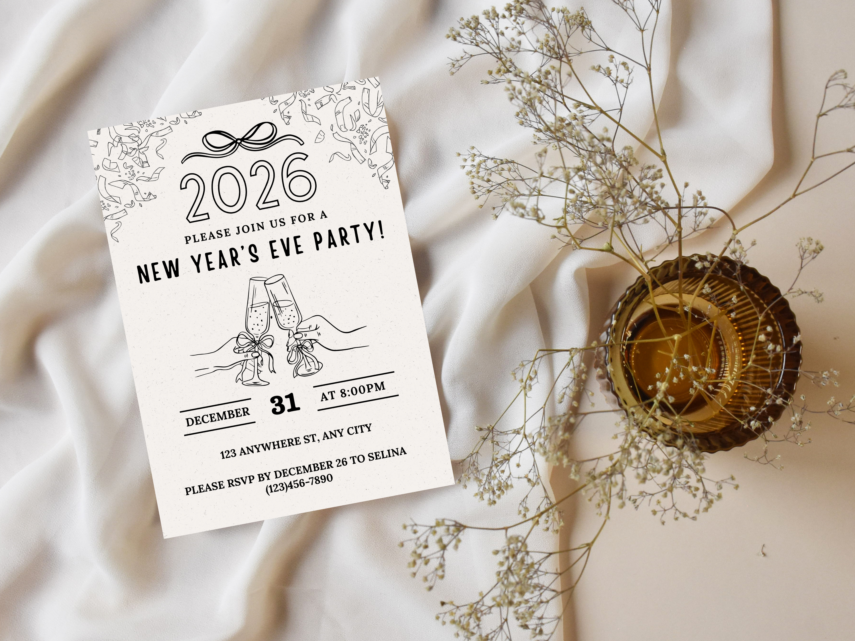 Minimalist hand-drawn doodle New Year’s Eve invitation, editable Canva digital template for NYE party

Editable doodle NYE digital invitation, simple minimalistic New Year’s Eve party Canva template

Hand-drawn minimal New Year’s Eve invitation, digital NYE party invite editable in Canva

Minimalist doodle New Year’s invitation, black and white hand-drawn NYE digital party template