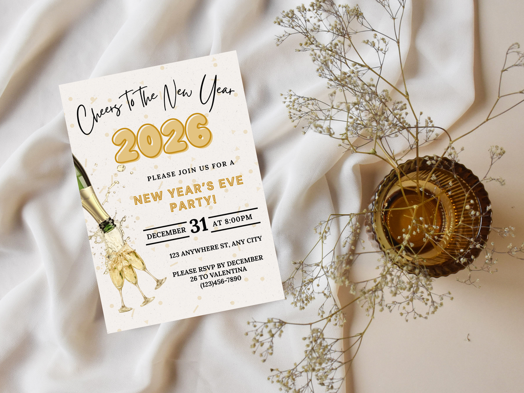 New Year's Eve party invitation with champagne bottle graphic on a light fabric background
New Year’s Eve invitation with champagne pouring into a glass, editable digital NYE party template

Champagne pouring into glass New Year’s Eve invite, editable Canva digital party invitation

Elegant NYE invitation with champagne being poured, digital New Year’s Eve celebration template

Champagne pour New Year’s Eve party invitation, editable digital NYE countdown design

Modern New Year’s Eve invite featuring champ