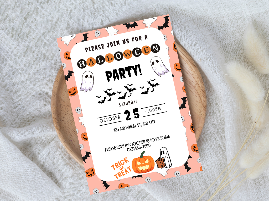 Halloween party invitation with pumpkins, ghosts, and bats on a white background.