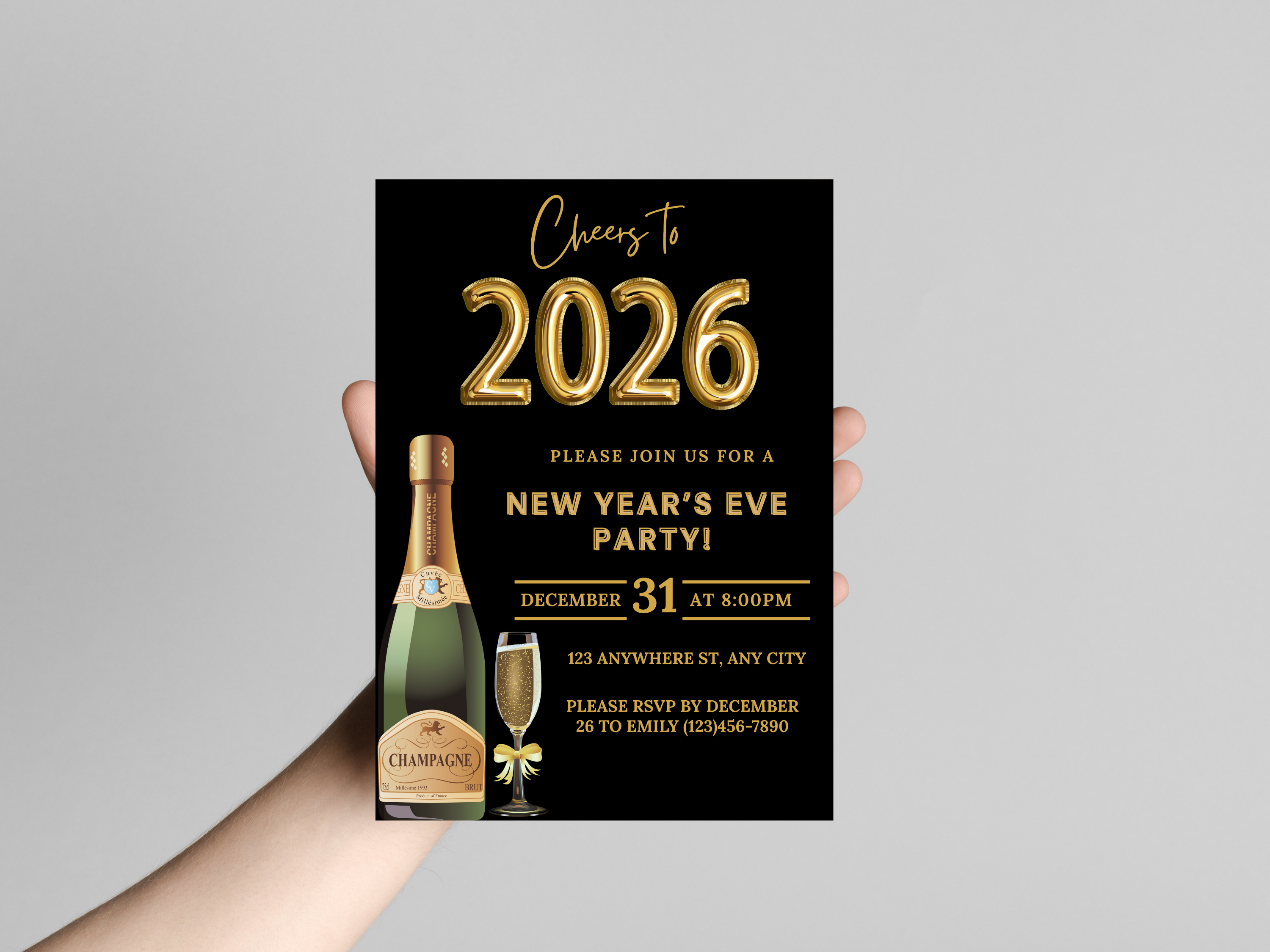 Black and gold party champagne New Year’s Eve invitation, editable digital NYE Countdown to 2026 template

Editable black and gold champagne NYE invite, digital New Year’s Eve party invitation for Countdown to 2026

Party champagne New Year’s Eve invitation in black and gold, Canva editable NYE Countdown to 2026 design

Black and gold champagne themed NYE digital invitation, elegant Countdown to 2026 party template