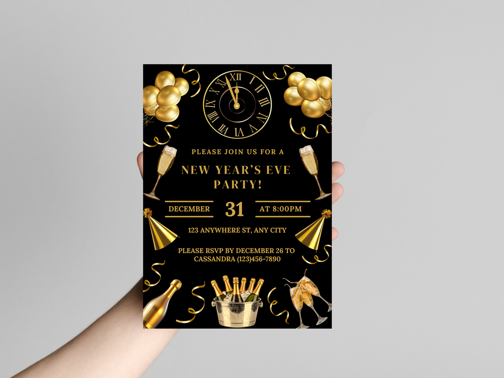 New Year's Eve party invitation with gold balloons, champagne glasses, and clock design.
Black and gold New Year’s Eve invitation with champagne, party hats, confetti, glasses, and a midnight countdown clock

Editable black and gold NYE invitation featuring champagne, confetti, party hats, glasses, and a clock striking midnight

Black and gold New Year’s Eve party invite with champagne glasses, party hats, confetti, and a midnight countdown clock

Elegant black and gold NYE digital invitation