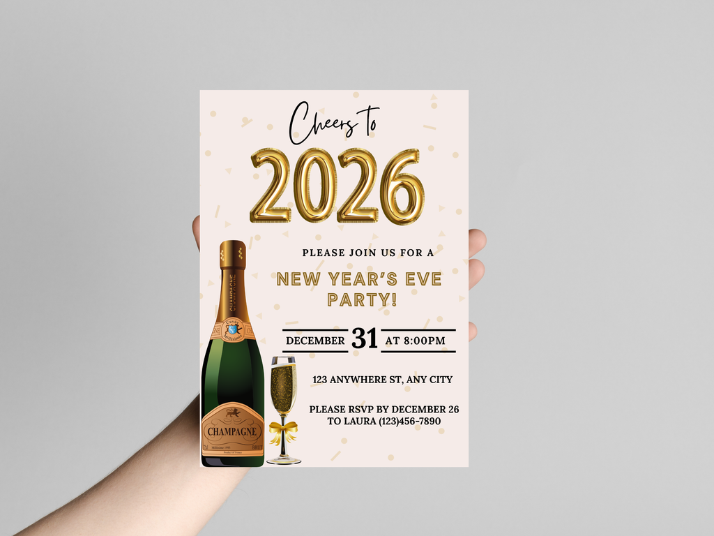 Champagne bottle and glass New Year’s Eve party invitation, editable Canva digital template in black and gold
Editable Champagne bottle NYE invitation with champagne glass, digital New Year’s Eve party template
Black and gold Champagne bottle and glass New Year’s Eve invite