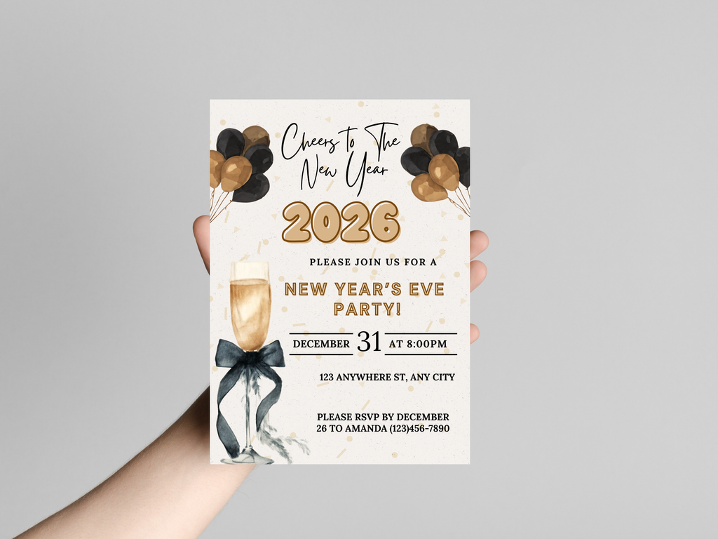 New Year's Eve party invitation with champagne glass and balloons held by a hand on a gray background