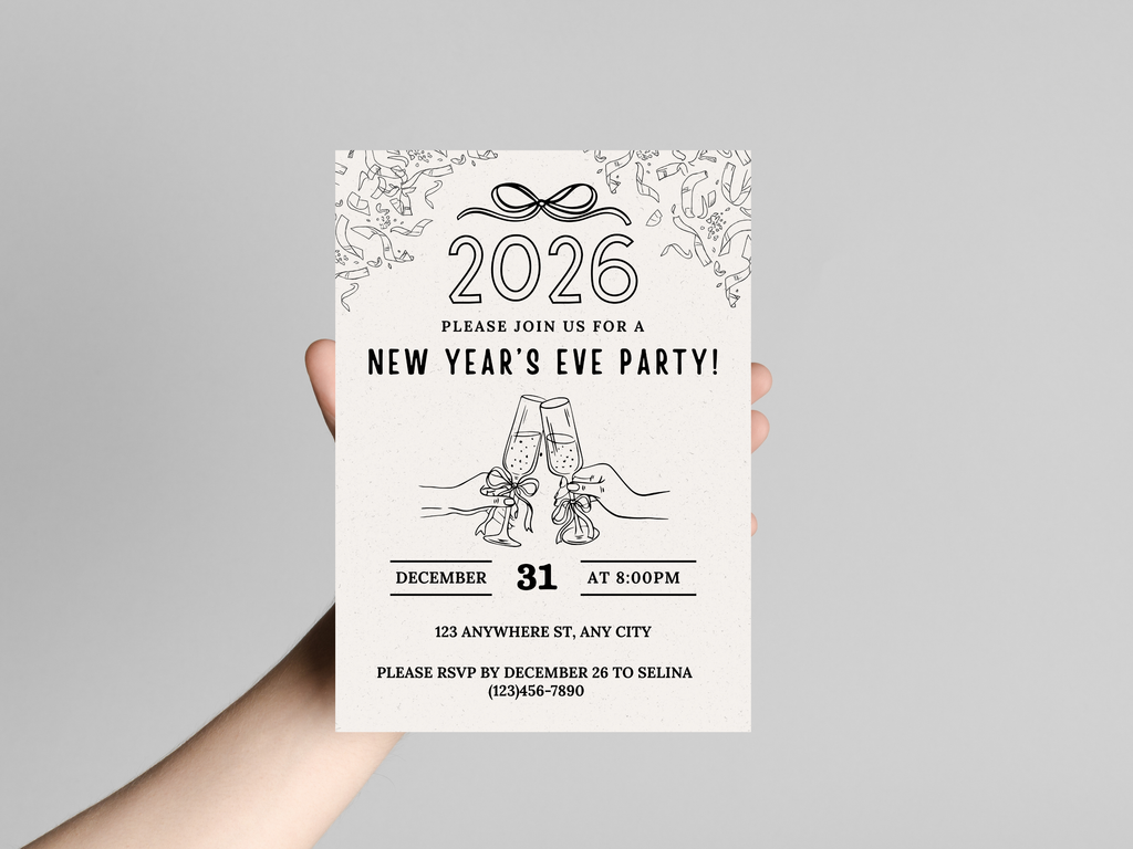 Minimalist hand-drawn doodle New Year’s Eve invitation, editable Canva digital template for NYE party

Editable doodle NYE digital invitation, simple minimalistic New Year’s Eve party Canva template

Hand-drawn minimal New Year’s Eve invitation, digital NYE party invite editable in Canva

Minimalist doodle New Year’s invitation, black and white hand-drawn NYE digital party template