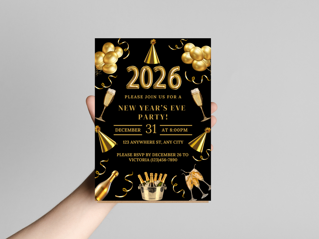 Black and gold party champagne New Year’s Eve invitation, editable digital NYE Countdown to 2026 template

Editable black and gold champagne NYE invite, digital New Year’s Eve party invitation for Countdown to 2026

Party champagne New Year’s Eve invitation in black and gold, Canva editable NYE Countdown to 2026 design

Black and gold champagne themed NYE digital invitation, elegant Countdown to 2026 party template
