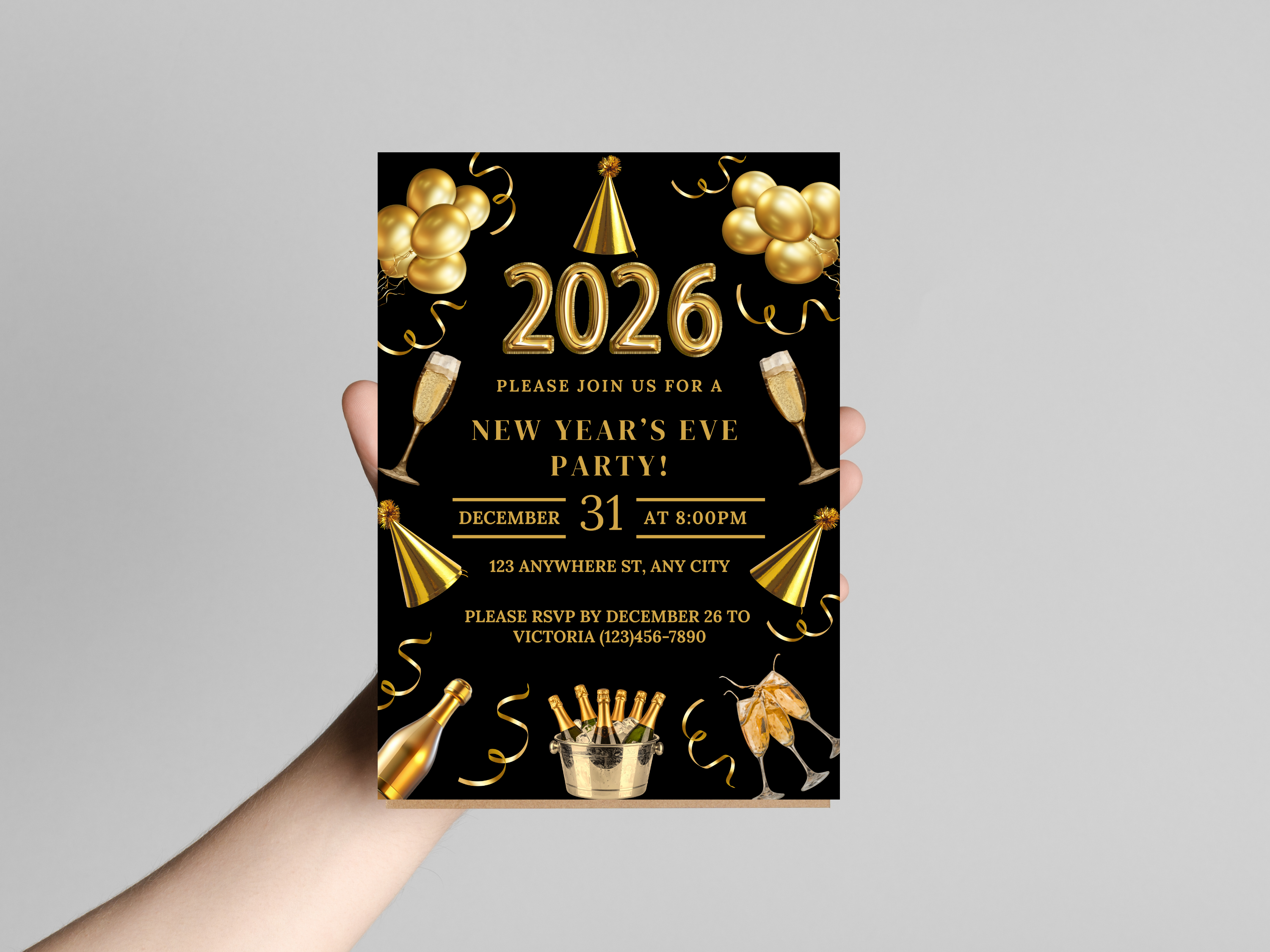 Black and gold party champagne New Year’s Eve invitation, editable digital NYE Countdown to 2026 template

Editable black and gold champagne NYE invite, digital New Year’s Eve party invitation for Countdown to 2026

Party champagne New Year’s Eve invitation in black and gold, Canva editable NYE Countdown to 2026 design

Black and gold champagne themed NYE digital invitation, elegant Countdown to 2026 party template