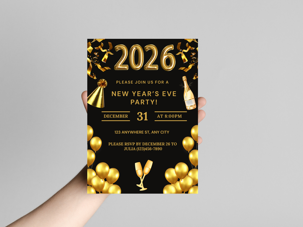 New Year's Eve party invitation card with gold text and decorations on a black background.