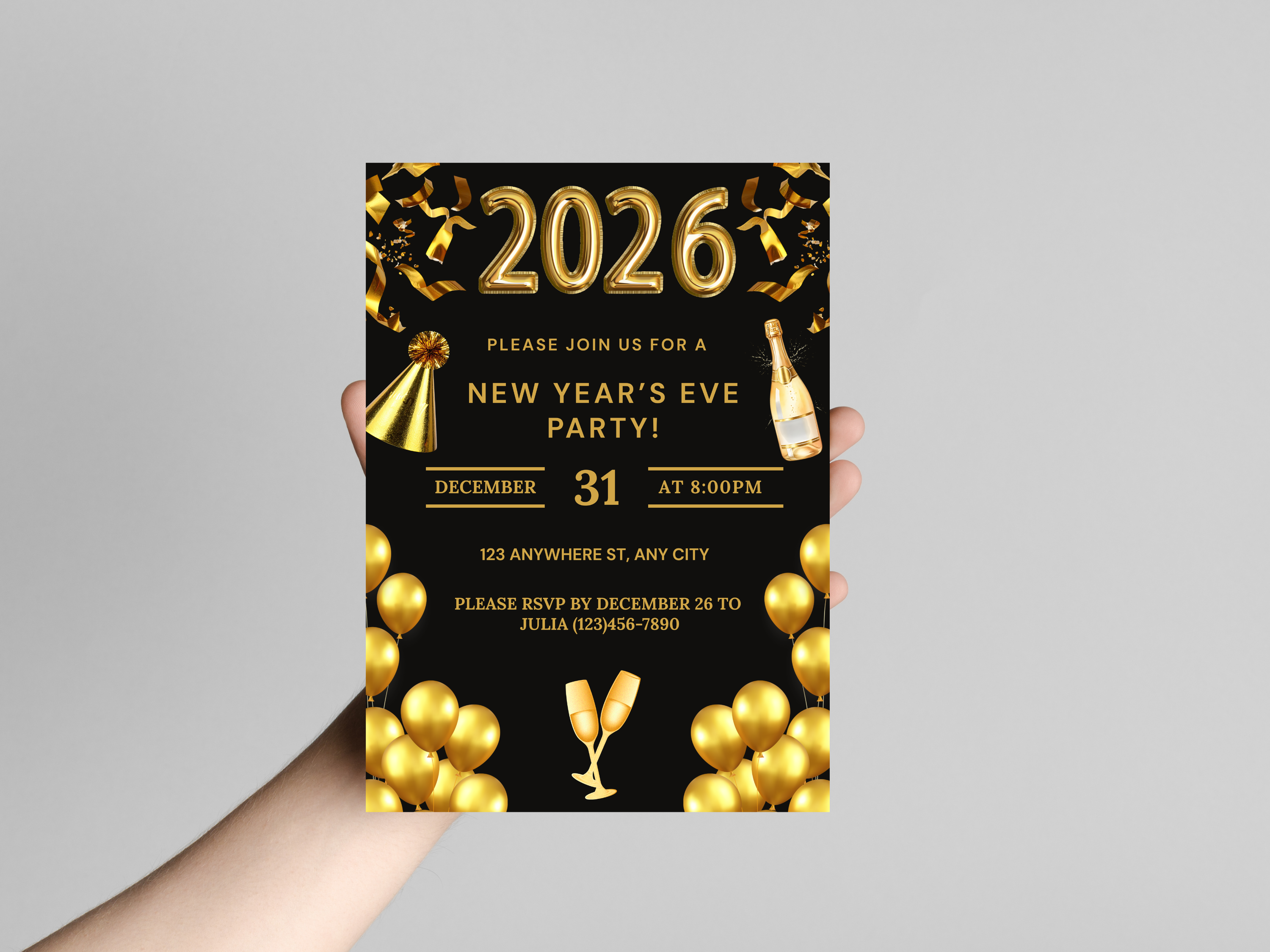 New Year's Eve party invitation card with gold text and decorations on a black background.