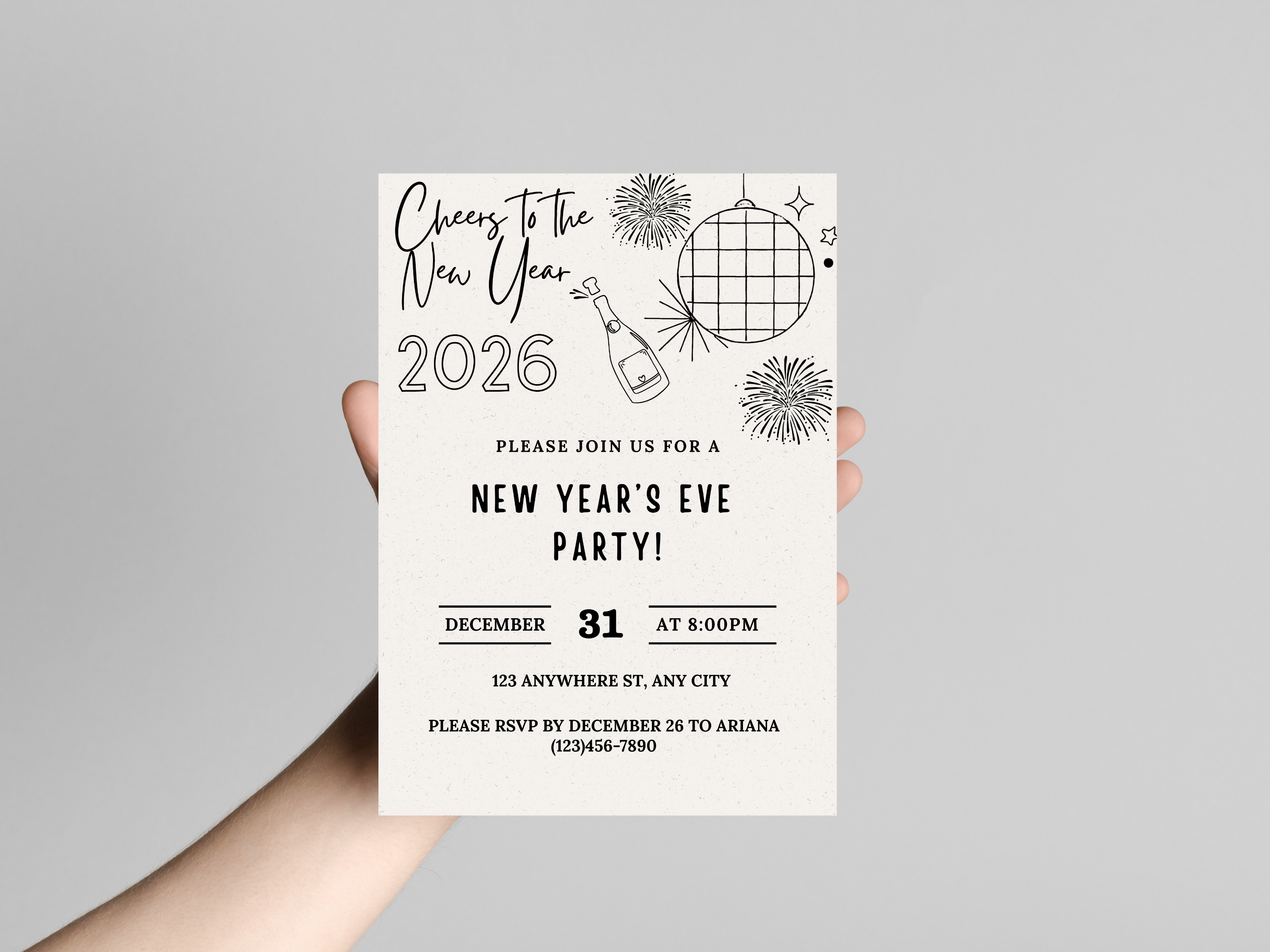 Minimalist hand-drawn doodle New Year’s Eve invitation, editable Canva digital template for NYE party
Editable doodle NYE digital invitation, simple minimalistic New Year’s Eve party Canva template
Hand-drawn minimal New Year’s Eve invitation, digital NYE party invite editable in Canva
Minimalist doodle New Year’s invitation, black and white hand-drawn NYE digital party template
