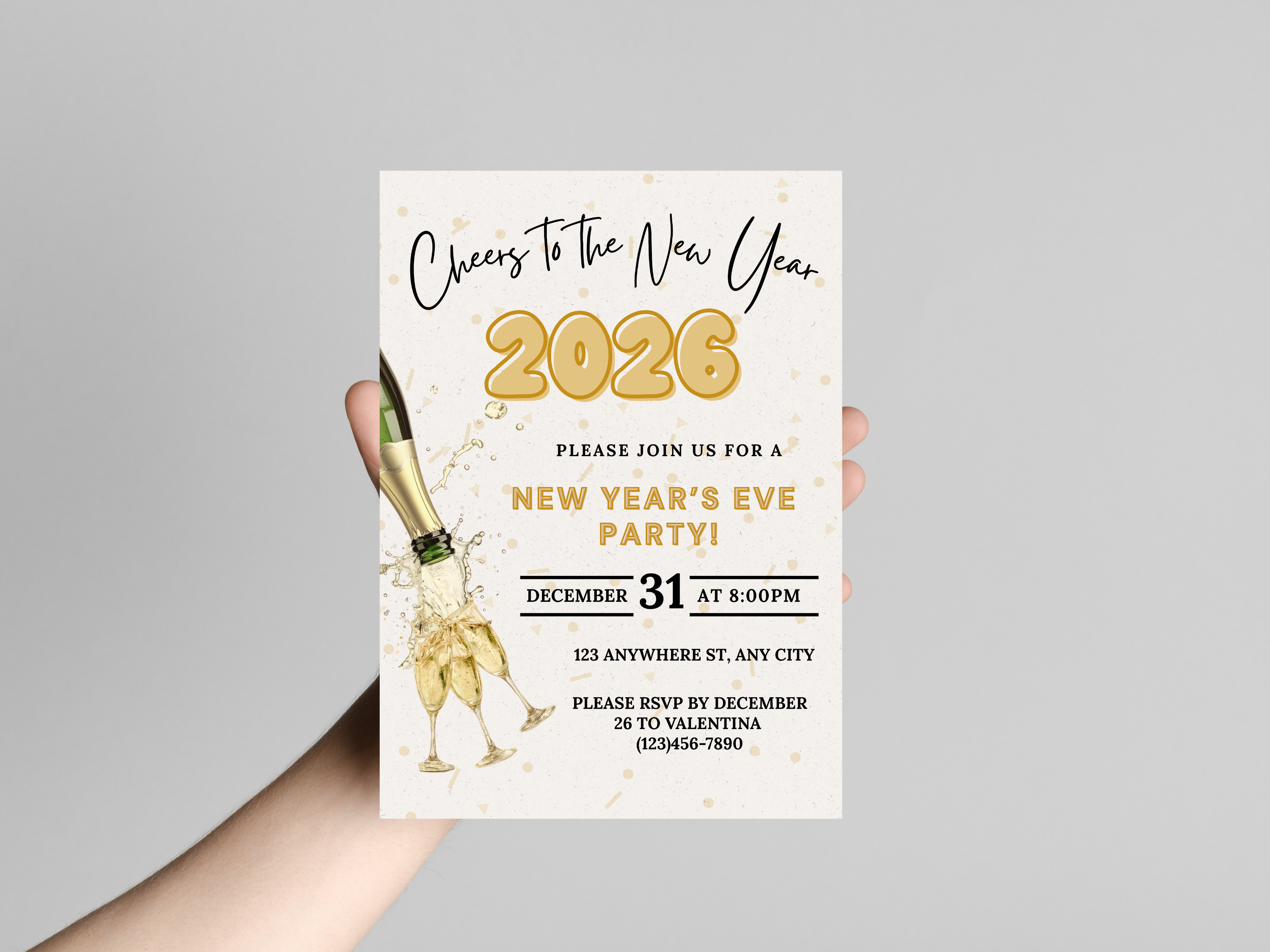 New Year's Eve party invitation with champagne bottle graphic held by a hand against a gray background
New Year’s Eve invitation with champagne pouring into a glass, editable digital NYE party template

Champagne pouring into glass New Year’s Eve invite, editable Canva digital party invitation

Elegant NYE invitation with champagne being poured, digital New Year’s Eve celebration template

Champagne pour New Year’s Eve party invitation, editable digital NYE countdown design

Modern New Year’s Eve invite fea