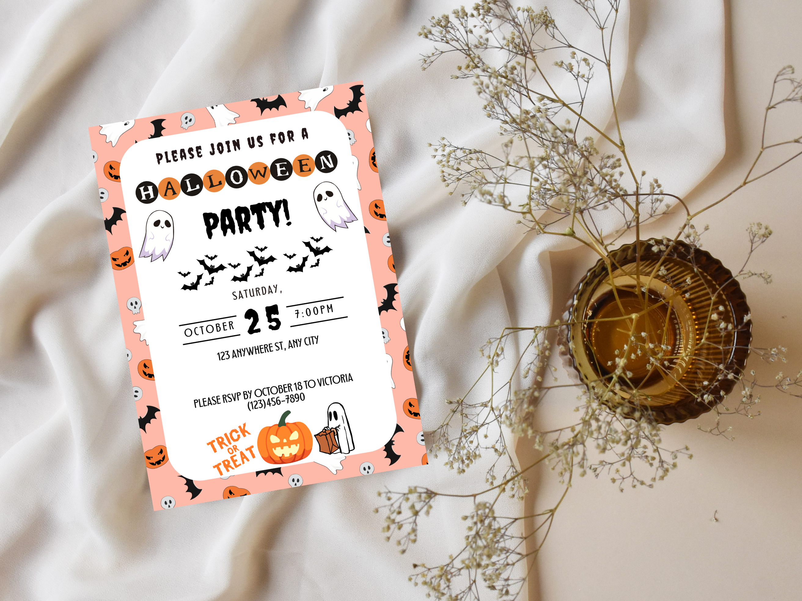 Halloween party invitation with pumpkins, ghosts, and bats on a white background.