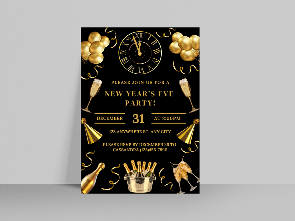 New Year's Eve party invitation with champagne, clock, and balloons on a black background
Black and gold New Year’s Eve invitation with champagne, party hats, confetti, glasses, and a midnight countdown clock

Editable black and gold NYE invitation featuring champagne, confetti, party hats, glasses, and a clock striking midnight

Black and gold New Year’s Eve party invite with champagne glasses, party hats, confetti, and a midnight countdown clock

Elegant black and gold NYE digital invitation