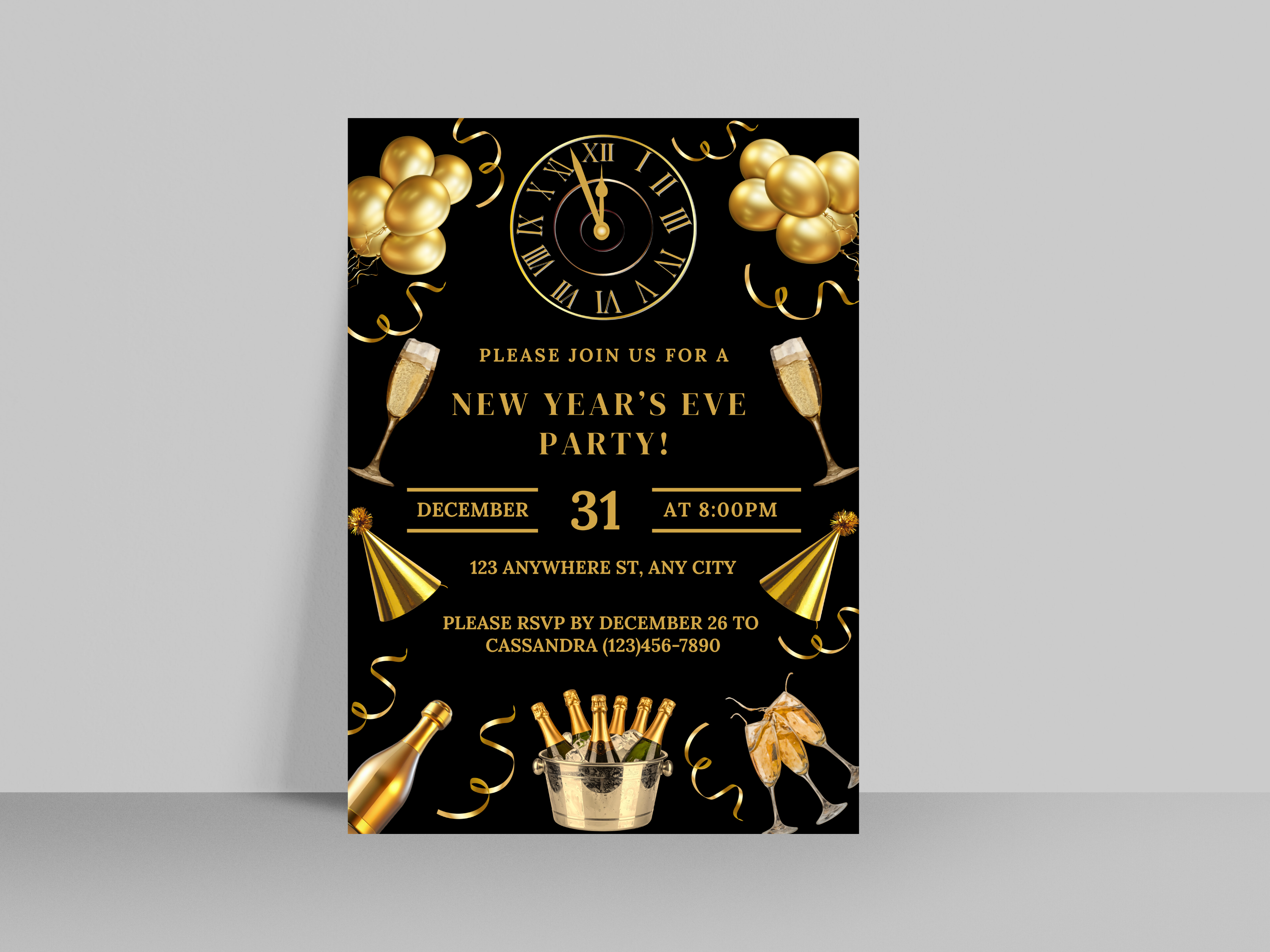New Year's Eve party invitation with champagne, clock, and balloons on a black background
Black and gold New Year’s Eve invitation with champagne, party hats, confetti, glasses, and a midnight countdown clock

Editable black and gold NYE invitation featuring champagne, confetti, party hats, glasses, and a clock striking midnight

Black and gold New Year’s Eve party invite with champagne glasses, party hats, confetti, and a midnight countdown clock

Elegant black and gold NYE digital invitation