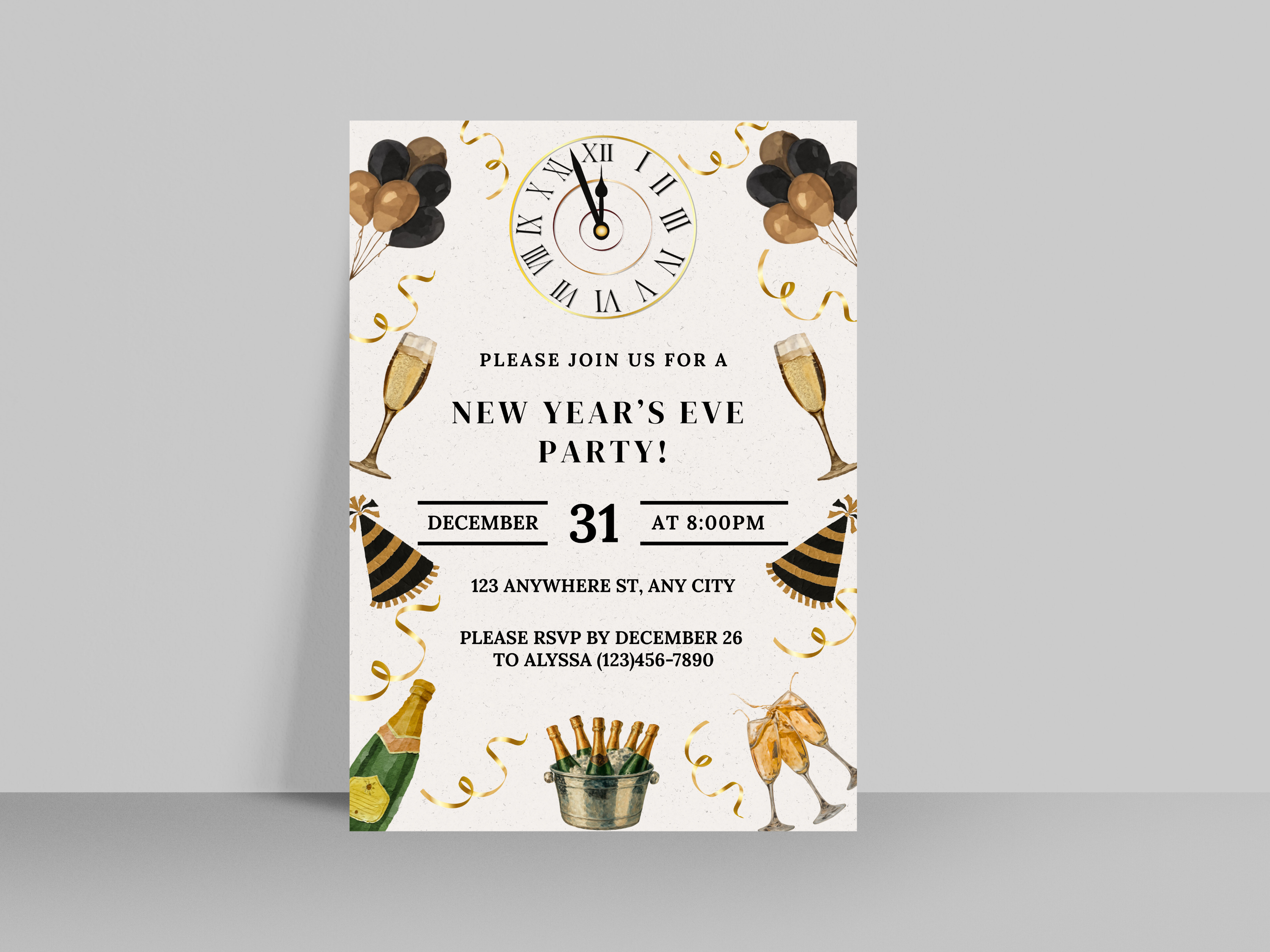 New Year's Eve party invitation with clock, balloons, and champagne bottles on a white background
Beige and gold New Year’s Eve invitation with champagne, party hats, confetti, glasses, and a midnight clock countdown

Editable beige and gold NYE invitation featuring champagne, confetti, party hats, glasses, and a clock striking midnight

New Year’s Eve party invite in beige and gold with champagne glasses, party hats, confetti, and a midnight countdown clock
