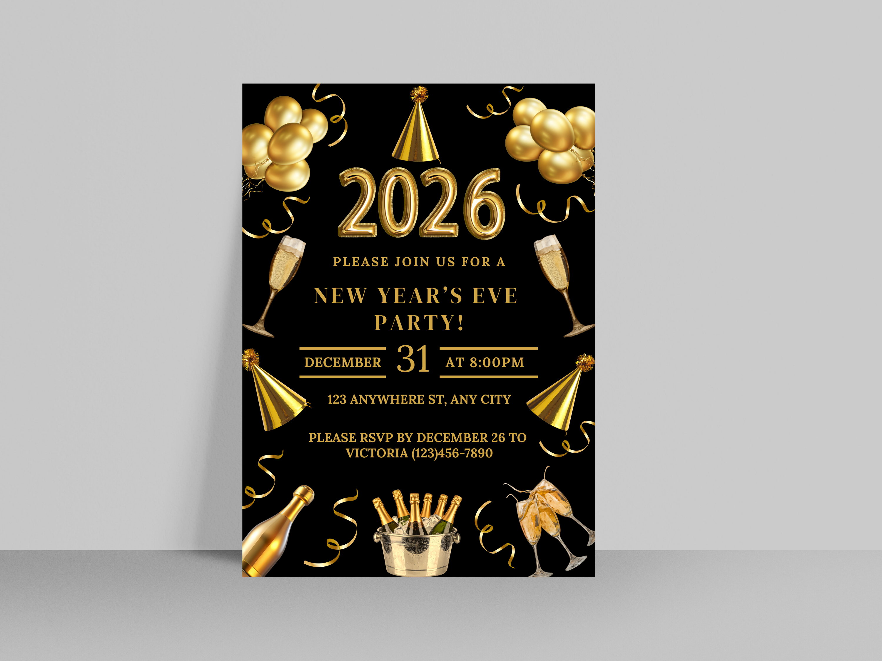Black and gold party champagne New Year’s Eve invitation, editable digital NYE Countdown to 2026 template

Editable black and gold champagne NYE invite, digital New Year’s Eve party invitation for Countdown to 2026

Party champagne New Year’s Eve invitation in black and gold, Canva editable NYE Countdown to 2026 design

Black and gold champagne themed NYE digital invitation, elegant Countdown to 2026 party template