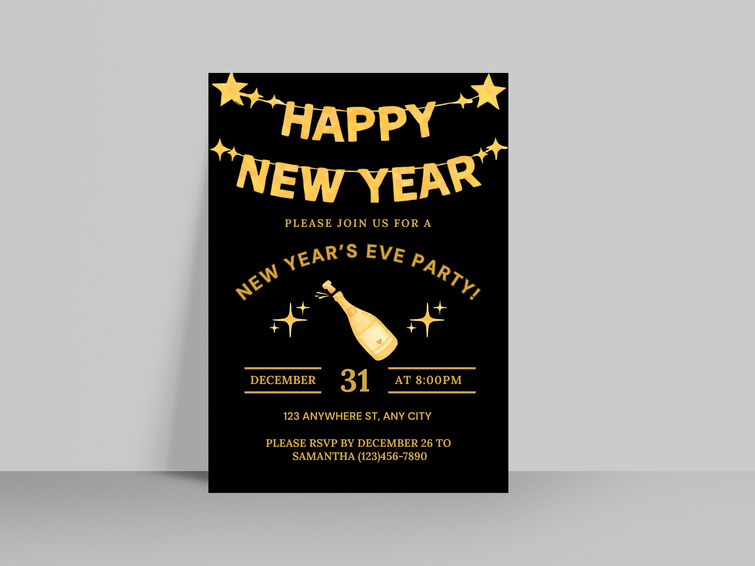 New Year's Eve party invitation with gold text on a black background