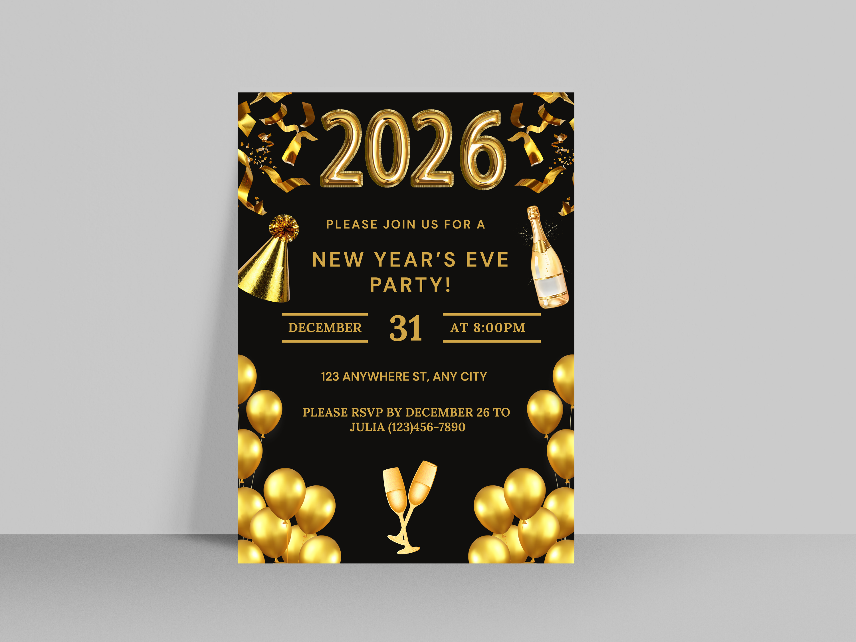 New Year's Eve party invitation with gold text and decorations on a black background