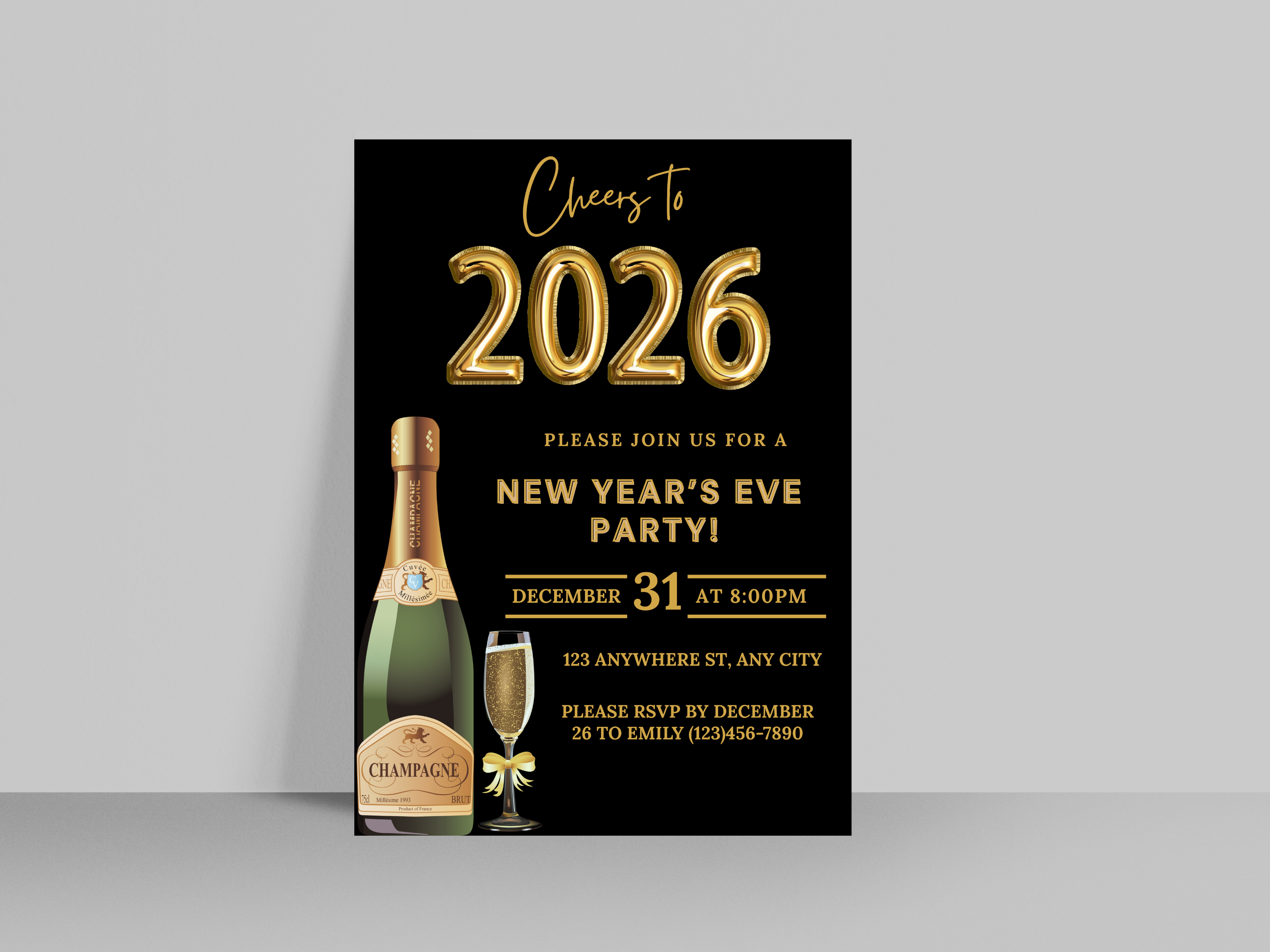 Black and gold party champagne New Year’s Eve invitation, editable digital NYE Countdown to 2026 template

Editable black and gold champagne NYE invite, digital New Year’s Eve party invitation for Countdown to 2026

Party champagne New Year’s Eve invitation in black and gold, Canva editable NYE Countdown to 2026 design

Black and gold champagne themed NYE digital invitation, elegant Countdown to 2026 party template