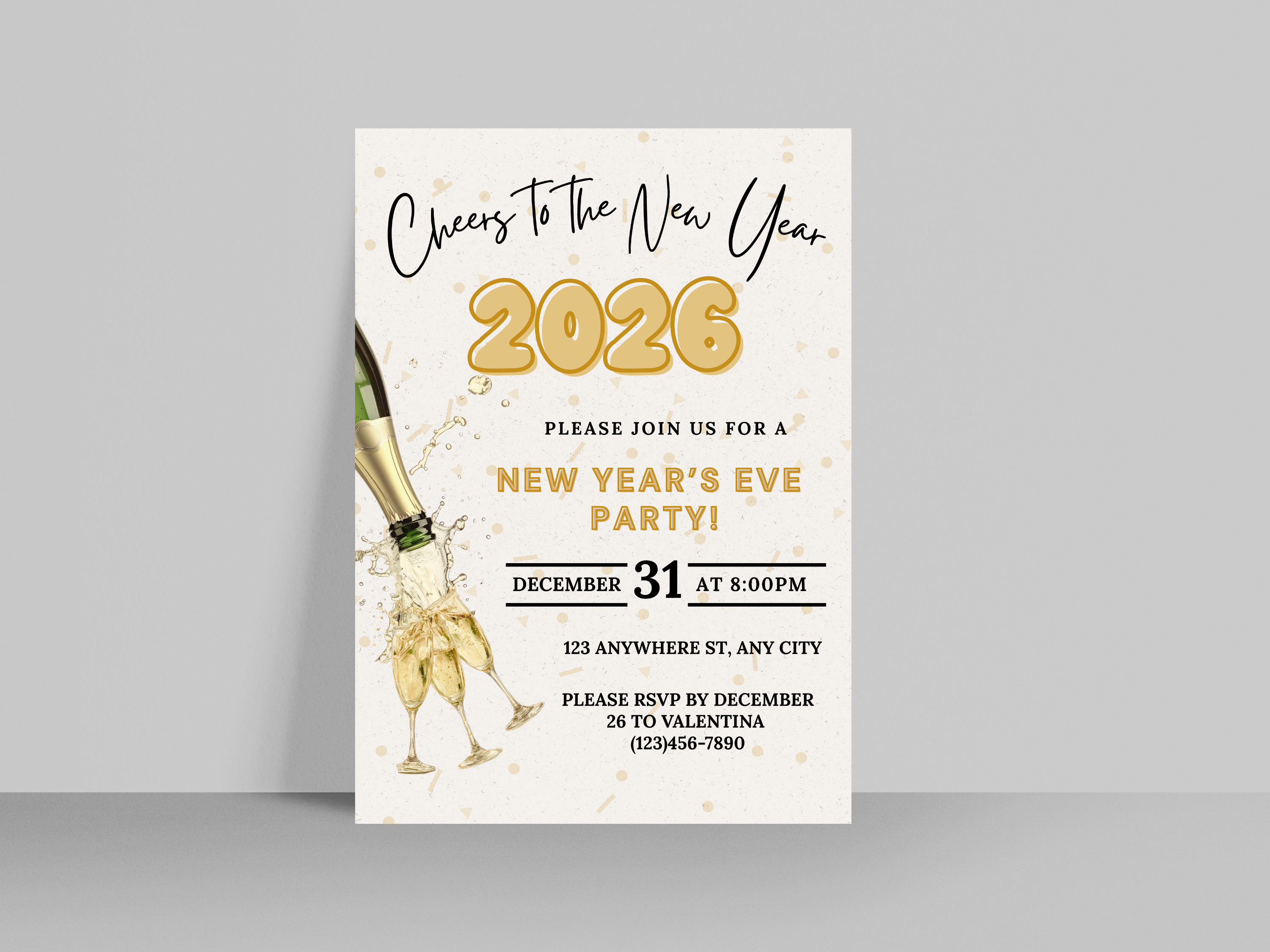 New Year's Eve party invitation with champagne bottle and glasses on a white background
New Year’s Eve invitation with champagne pouring into a glass, editable digital NYE party template

Champagne pouring into glass New Year’s Eve invite, editable Canva digital party invitation

Elegant NYE invitation with champagne being poured, digital New Year’s Eve celebration template

Champagne pour New Year’s Eve party invitation, editable digital NYE countdown design

Modern New Year’s Eve invite featuring champagn
