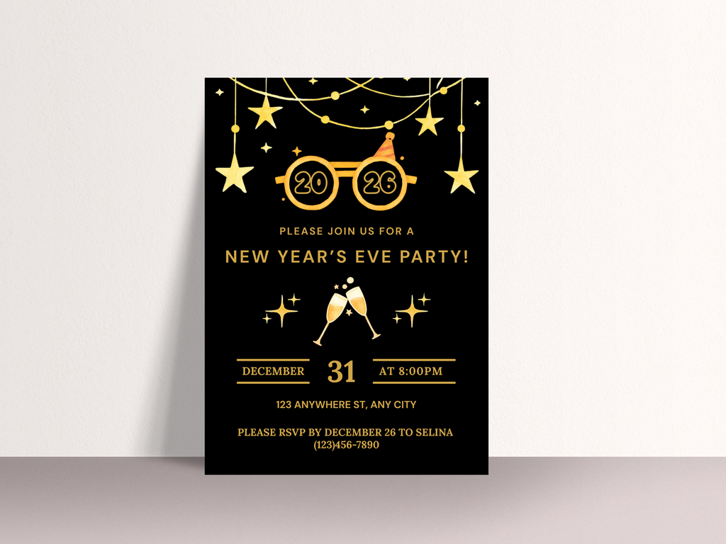 New Year's Eve party invitation with gold text on a black background