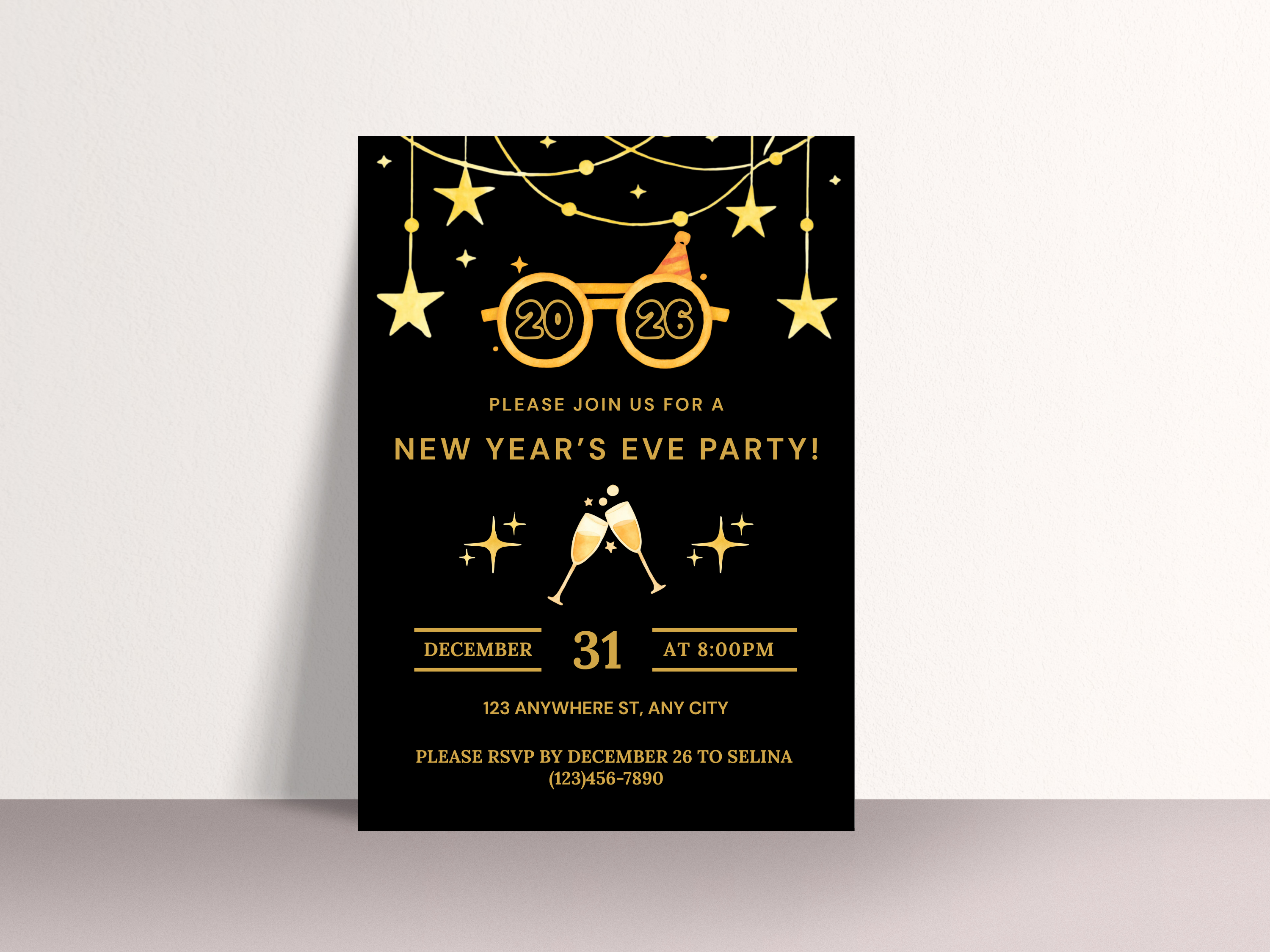 New Year's Eve party invitation with gold text on a black background