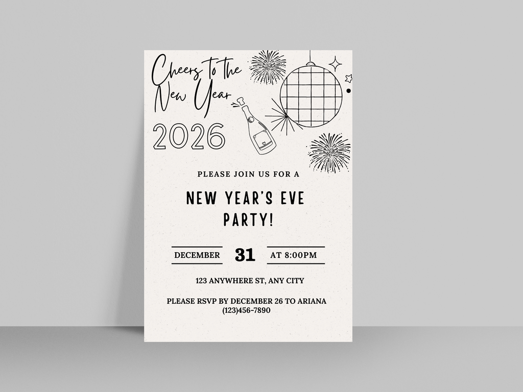 Minimalist hand-drawn doodle New Year’s Eve invitation, editable Canva digital template for NYE party
Editable doodle NYE digital invitation, simple minimalistic New Year’s Eve party Canva template
Hand-drawn minimal New Year’s Eve invitation, digital NYE party invite editable in Canva
Minimalist doodle New Year’s invitation, black and white hand-drawn NYE digital party template