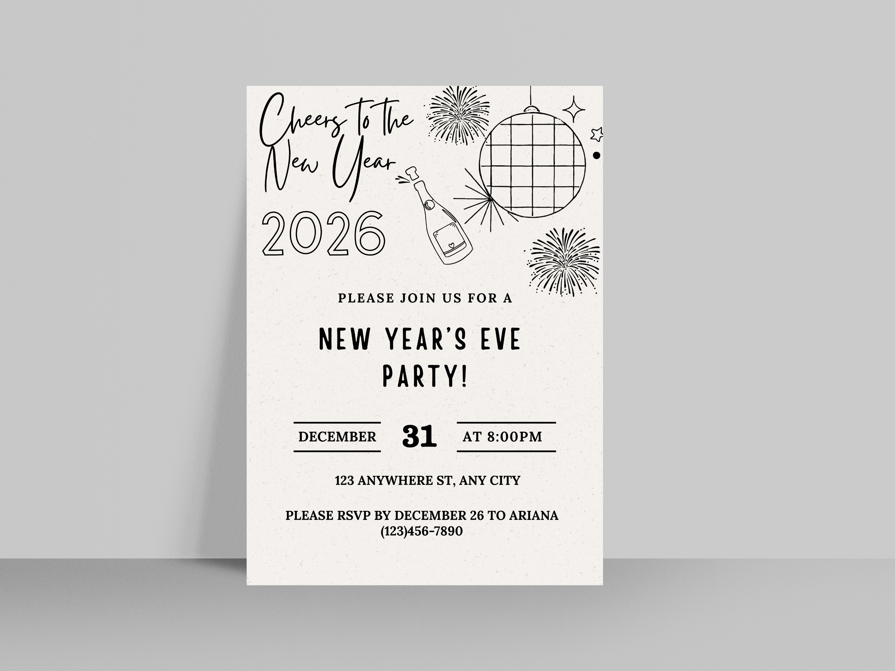 Minimalist hand-drawn doodle New Year’s Eve invitation, editable Canva digital template for NYE party
Editable doodle NYE digital invitation, simple minimalistic New Year’s Eve party Canva template
Hand-drawn minimal New Year’s Eve invitation, digital NYE party invite editable in Canva
Minimalist doodle New Year’s invitation, black and white hand-drawn NYE digital party template