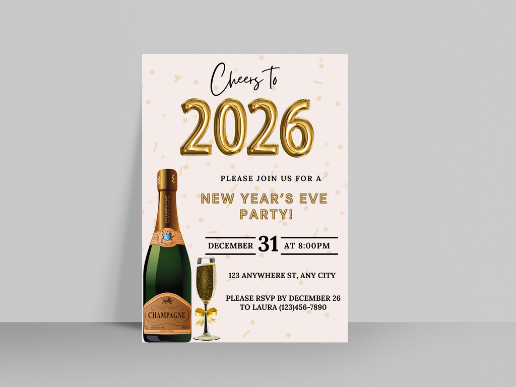 Champagne bottle and glass New Year’s Eve party invitation, editable Canva digital template in black and gold
Editable Champagne bottle NYE invitation with champagne glass, digital New Year’s Eve party template
Black and gold Champagne bottle and glass New Year’s Eve invite