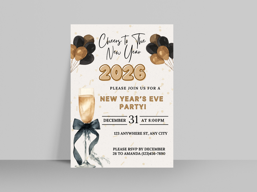 New Year's Eve party invitation with champagne glass, balloons, and text on a white background