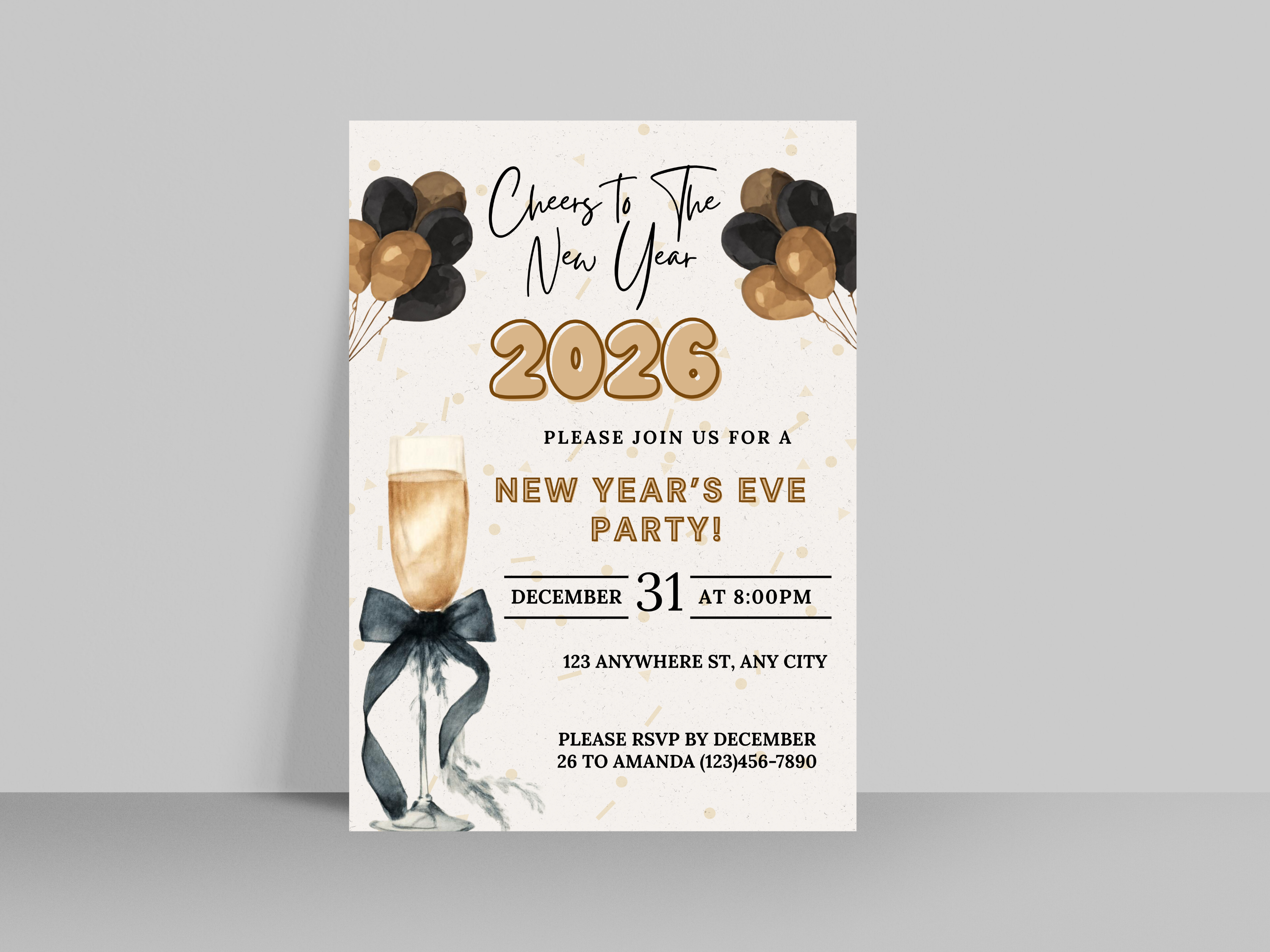 New Year's Eve party invitation with champagne glass, balloons, and text on a white background