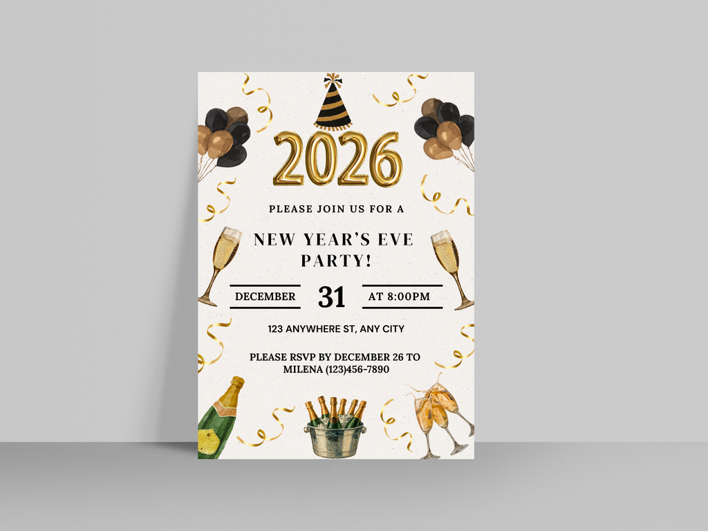New Year's Eve party invitation with 2026 text, balloons, and champagne bottles on a white background.