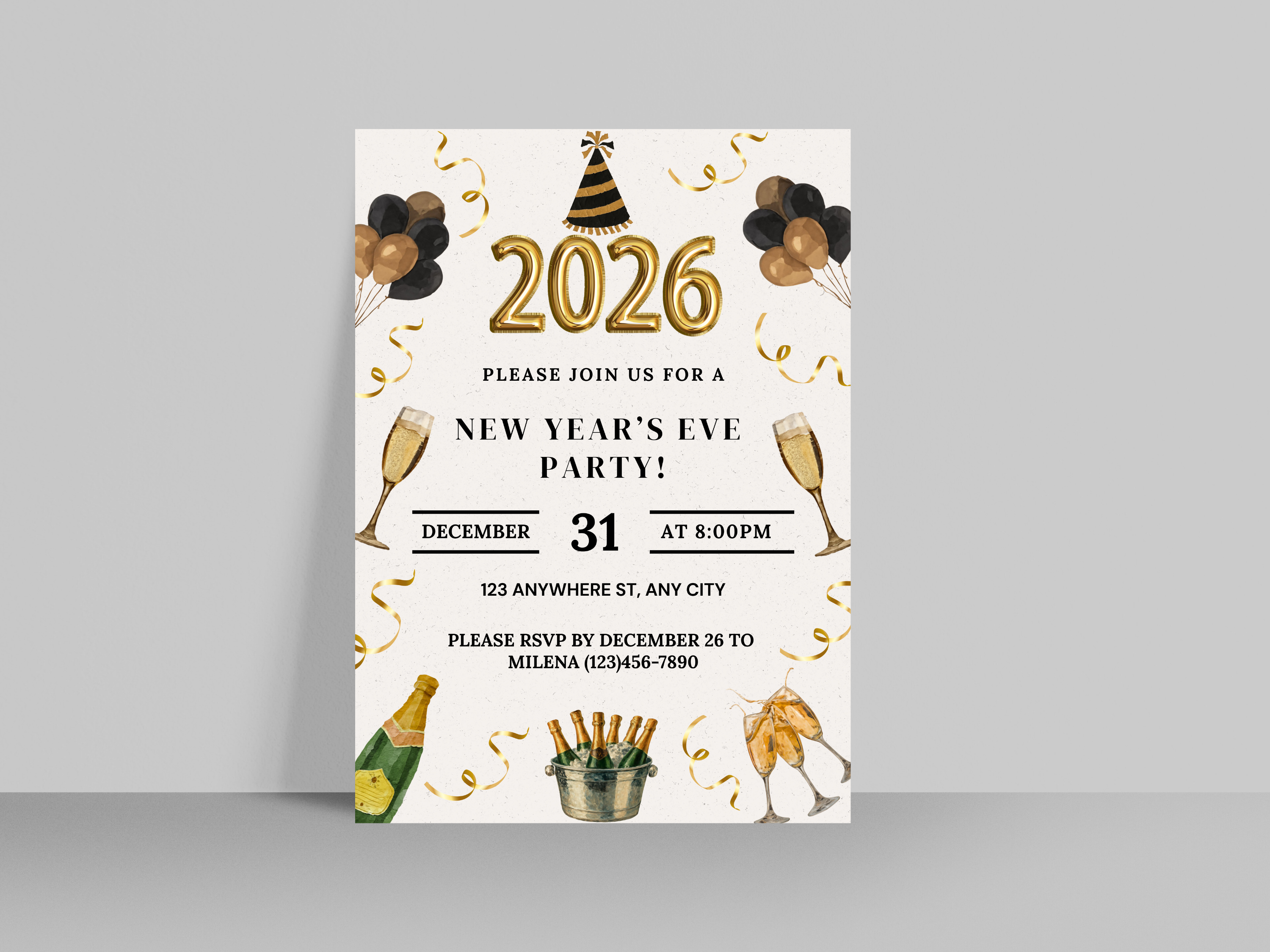 New Year's Eve party invitation with 2026 text, balloons, and champagne bottles on a white background.