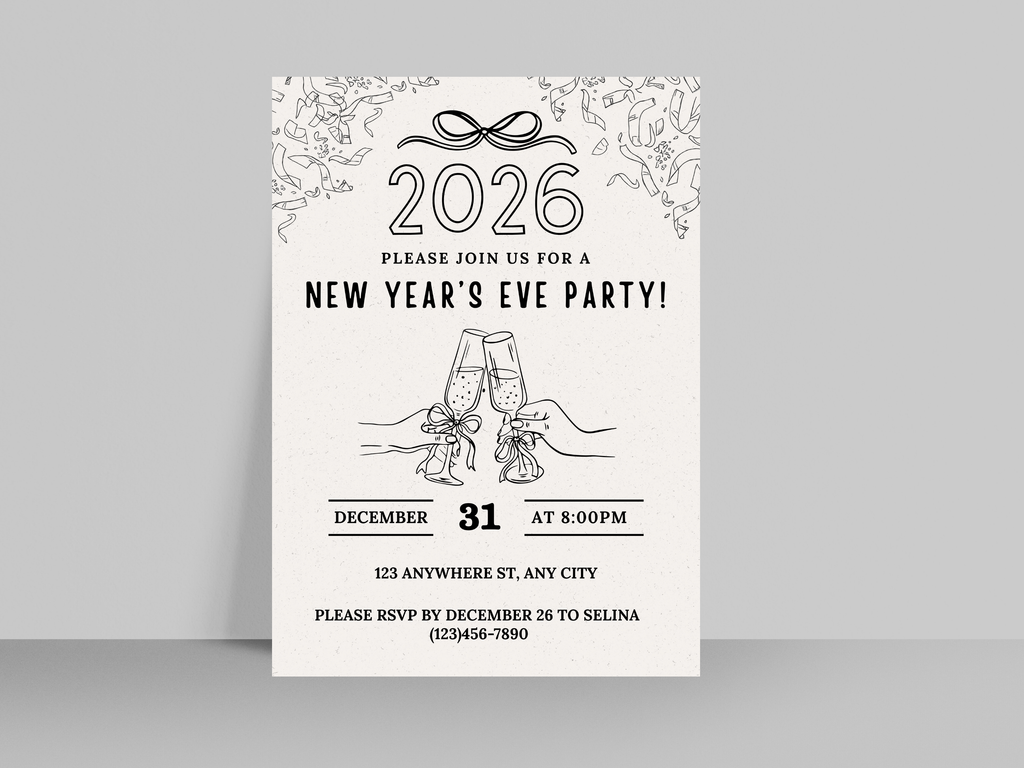 Minimalist hand-drawn doodle New Year’s Eve invitation, editable Canva digital template for NYE party

Editable doodle NYE digital invitation, simple minimalistic New Year’s Eve party Canva template

Hand-drawn minimal New Year’s Eve invitation, digital NYE party invite editable in Canva

Minimalist doodle New Year’s invitation, black and white hand-drawn NYE digital party template