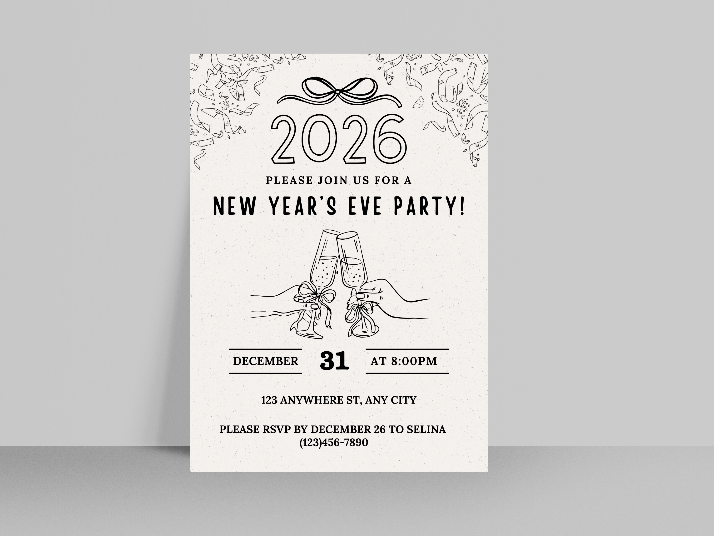 Minimalist hand-drawn doodle New Year’s Eve invitation, editable Canva digital template for NYE party

Editable doodle NYE digital invitation, simple minimalistic New Year’s Eve party Canva template

Hand-drawn minimal New Year’s Eve invitation, digital NYE party invite editable in Canva

Minimalist doodle New Year’s invitation, black and white hand-drawn NYE digital party template