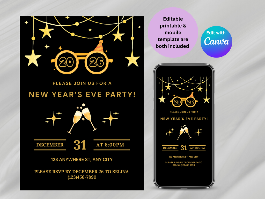 New Year's Eve party invitation card with smartphone displaying the same design on a gray background.
