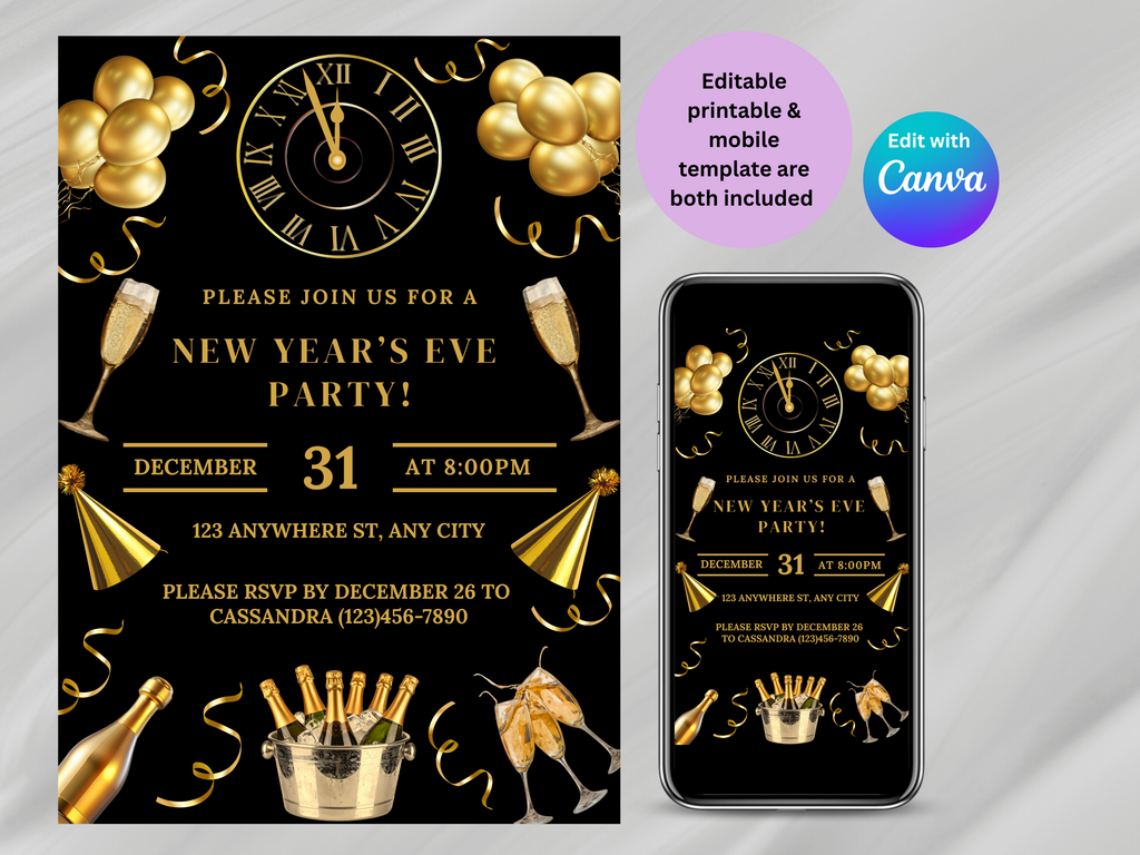 New Year's Eve party invitation with gold balloons, clock, and champagne glasses on a black background.
Black and gold New Year’s Eve invitation with champagne, party hats, confetti, glasses, and a midnight countdown clock

Editable black and gold NYE invitation featuring champagne, confetti, party hats, glasses, and a clock striking midnight

Black and gold New Year’s Eve party invite with champagne glasses, party hats, confetti, and a midnight countdown clock

Elegant black and gold NYE digital invitation