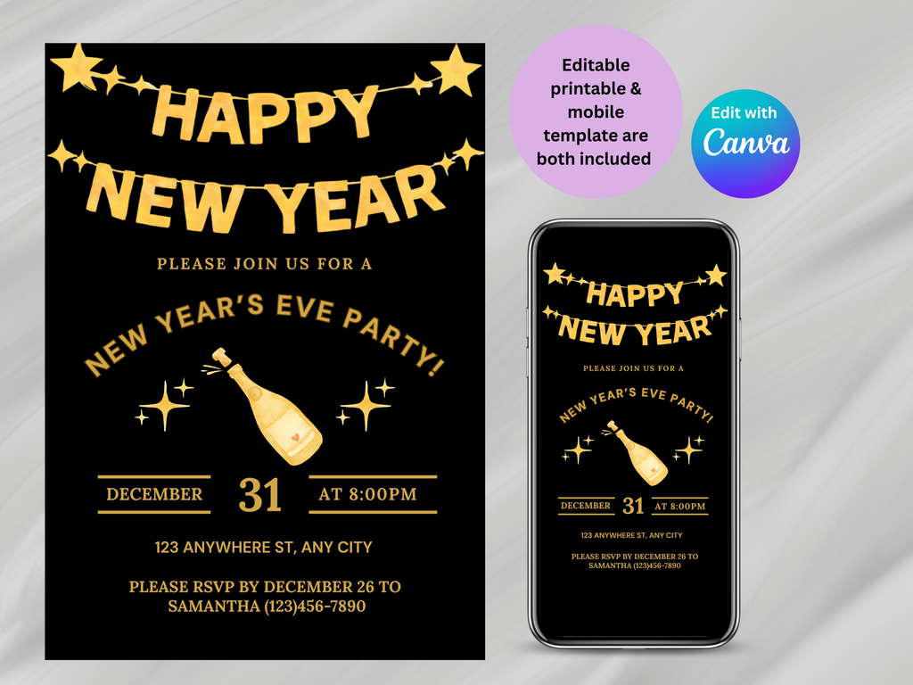 New Year's Eve party invitation with champagne bottle graphic on a black background, displayed on a phone screen.