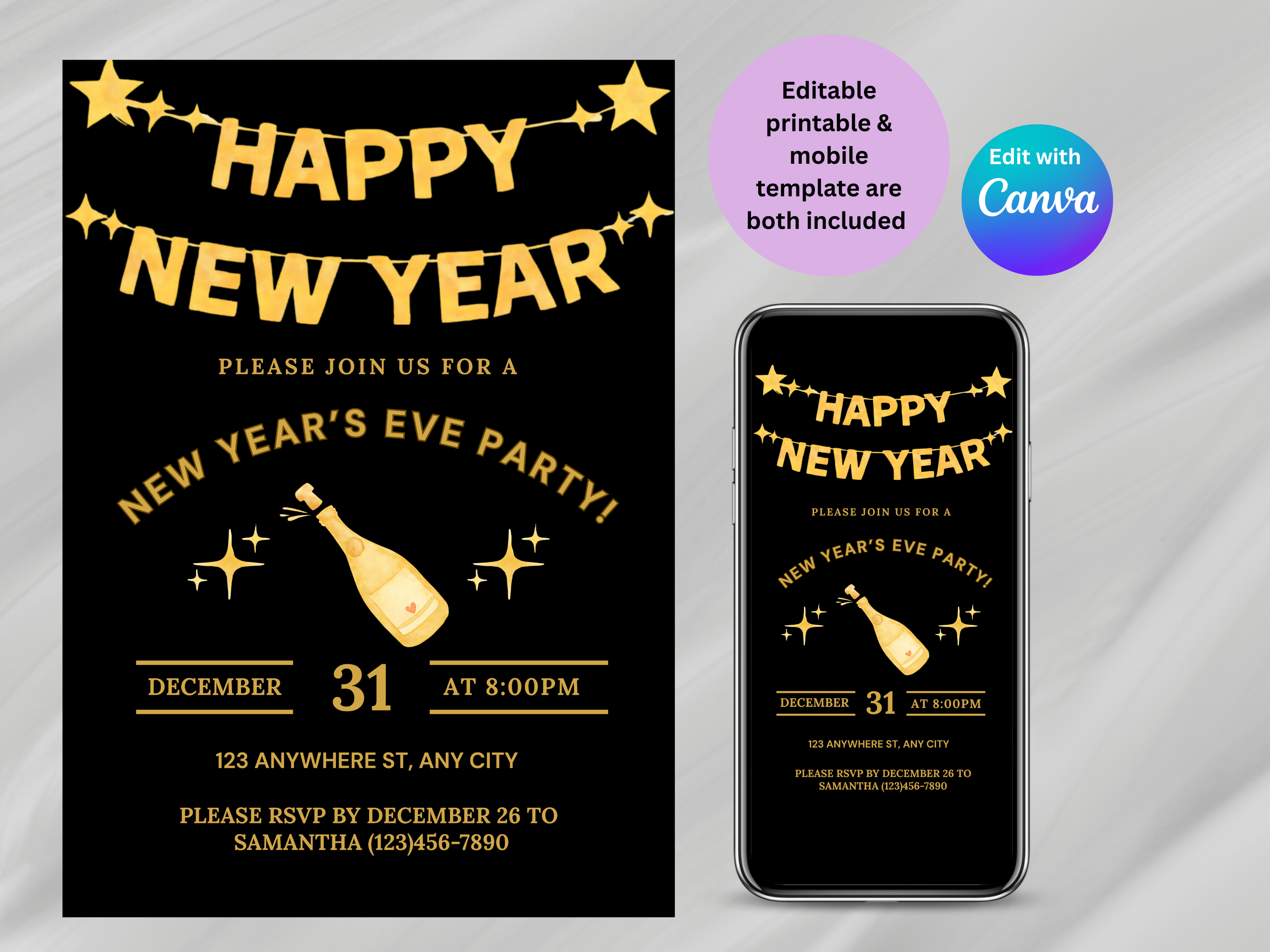New Year's Eve party invitation with champagne bottle graphic on a black background, displayed on a phone screen.