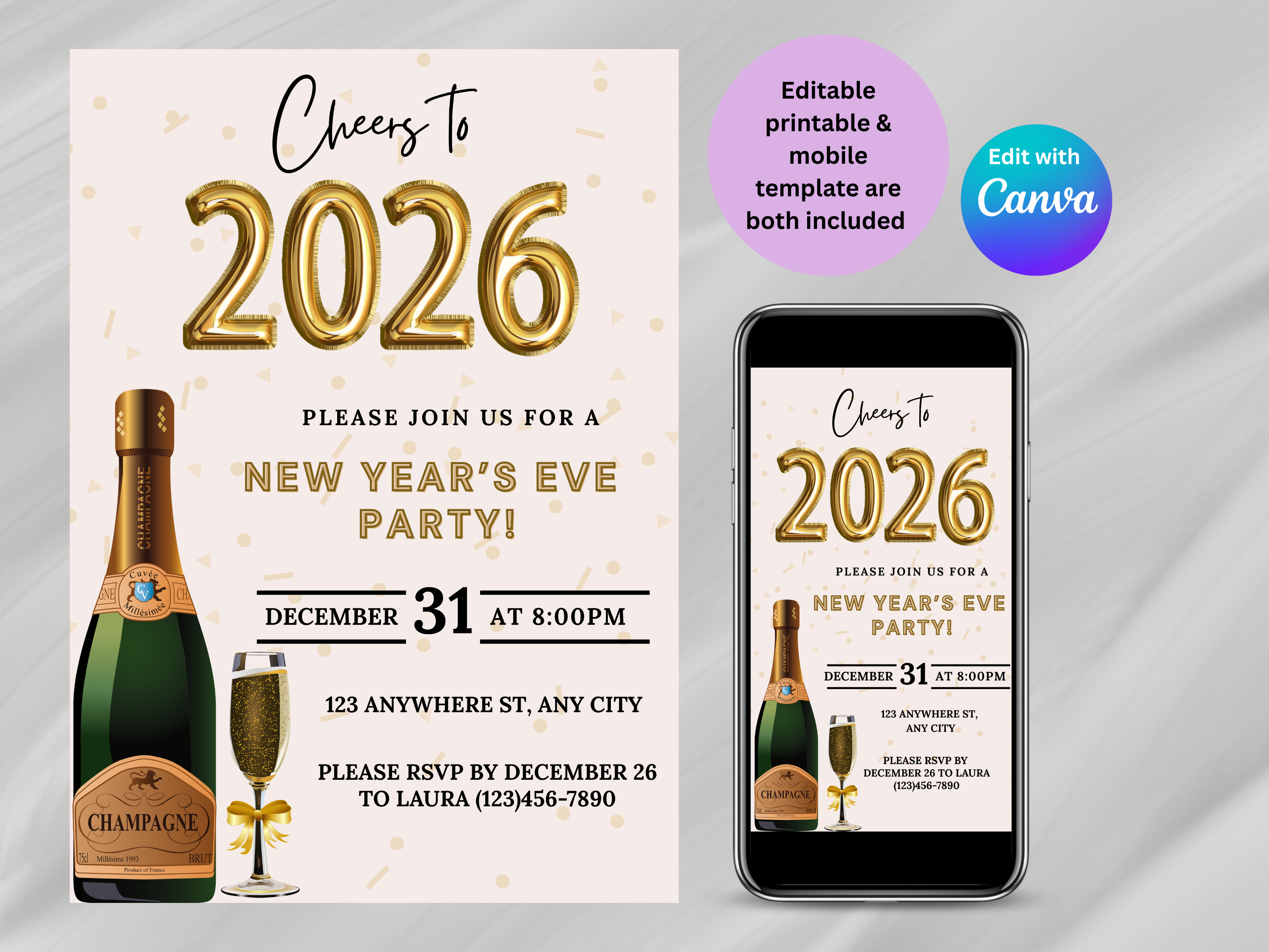 Champagne bottle and glass New Year’s Eve party invitation, editable Canva digital template in black and gold
Editable Champagne bottle NYE invitation with champagne glass, digital New Year’s Eve party template
Black and gold Champagne bottle and glass New Year’s Eve invite