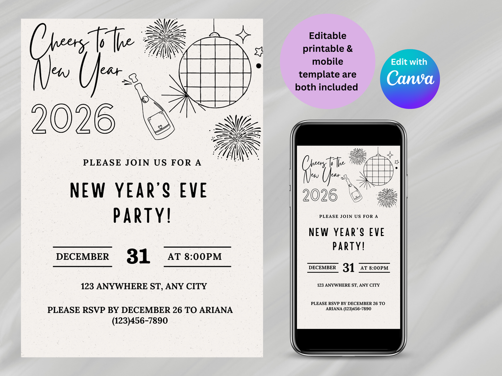 Hand Drawn New Year’s Eve Party Invitation – Editable Digital NYE Invite (Mobile and Printable versions included)