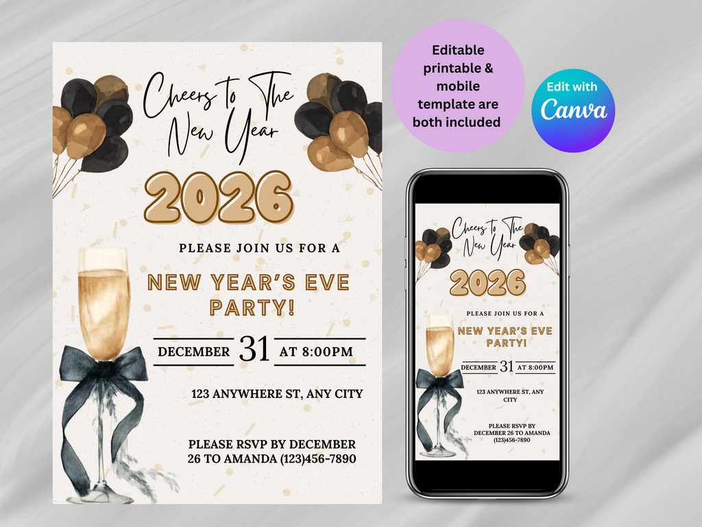 New Year's Eve party invitation with champagne glass, balloons, and smartphone displaying the invitation.