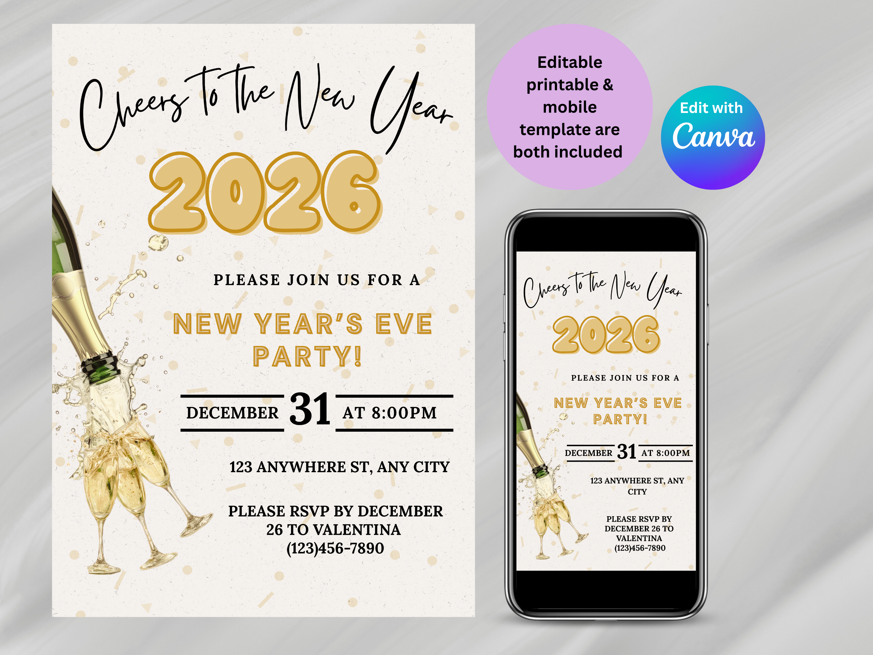 New Year's Eve party invitation with champagne and smartphone displaying the invitation.

New Year’s Eve invitation with champagne pouring into a glass, editable digital NYE party template

Champagne pouring into glass New Year’s Eve invite, editable Canva digital party invitation

Elegant NYE invitation with champagne being poured, digital New Year’s Eve celebration template

Champagne pour New Year’s Eve party invitation, editable digital NYE countdown design

Modern New Year’s Eve invite featuring champa