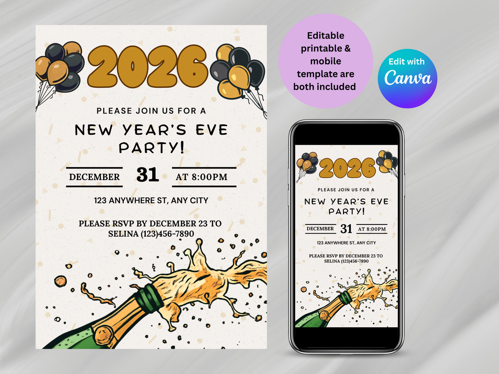 Comic style New Year’s Eve party invitation, colorful cartoon NYE digital template editable in Canva

Cartoon New Year’s Eve invitation, fun comic-themed NYE digital party invite editable Canva template

Comic book style NYE invitation, bright cartoon New Year’s Eve digital download party flyer

Editable cartoon New Year’s Eve invite, comic-style NYE digital template with playful illustrations